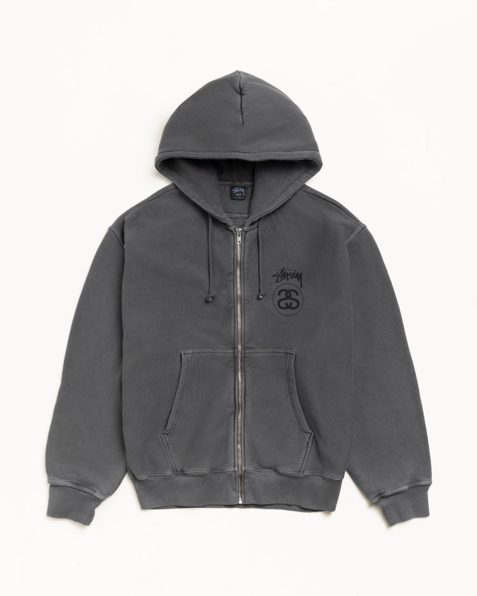 Stussy ダークグレー ジップアップパーカー Stock Link Pigment Dyed Zip Hood - Mens Long Sleeve Sweatshirt