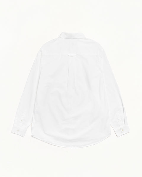 Oxford LS Shirt unisex long-sleeve in white, back view with yoke, hanger loop, and buttoned cuffs