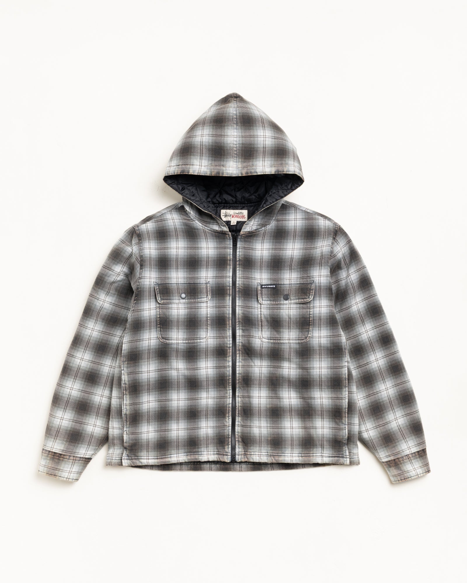 Zip Hooded Plaid Shirt Mens Long Sleeve In Charcoal