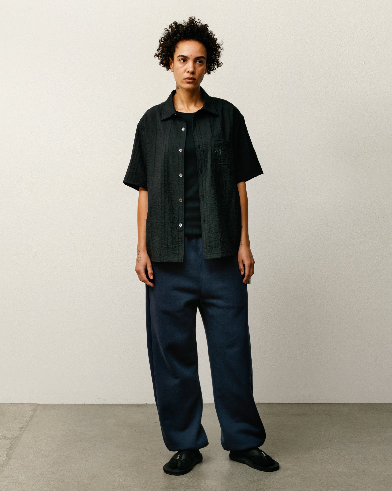 Pleated Textured Shirt – Black | Tops & Shirts | Stüssy