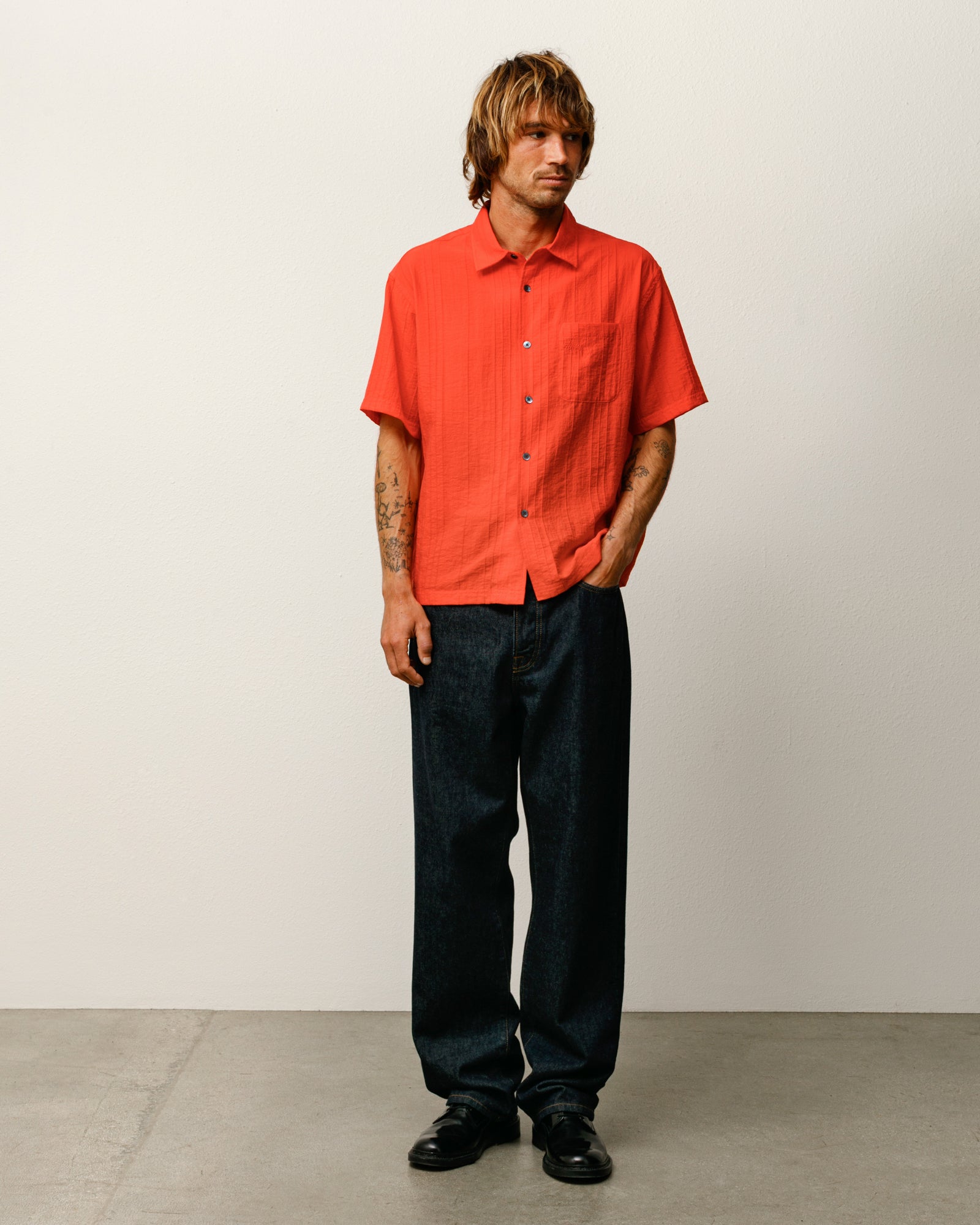 Pleated Textured Shirt – Red | Tops & Shirts | Stüssy