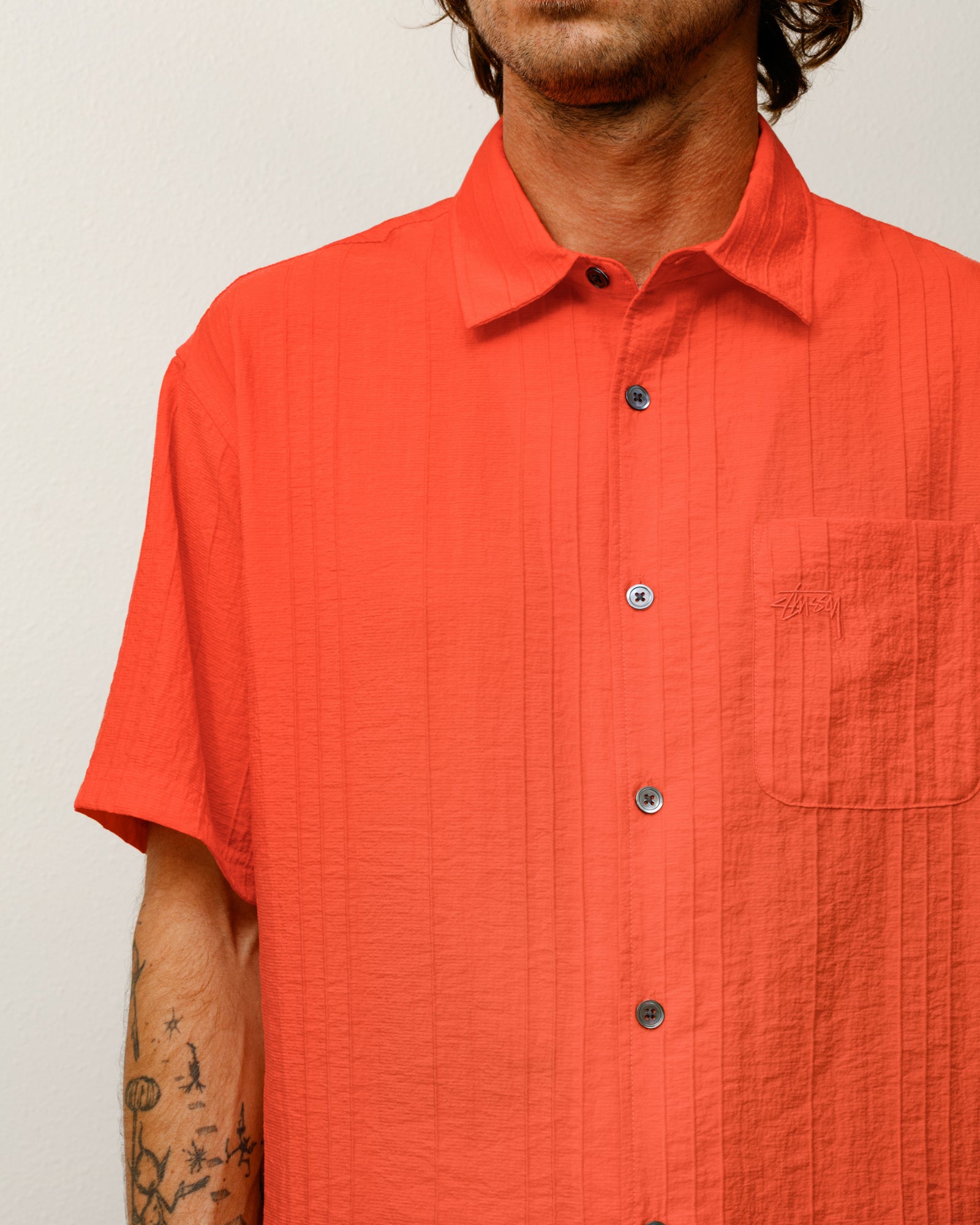 Pleated Textured Shirt – Red | Tops & Shirts | Stüssy