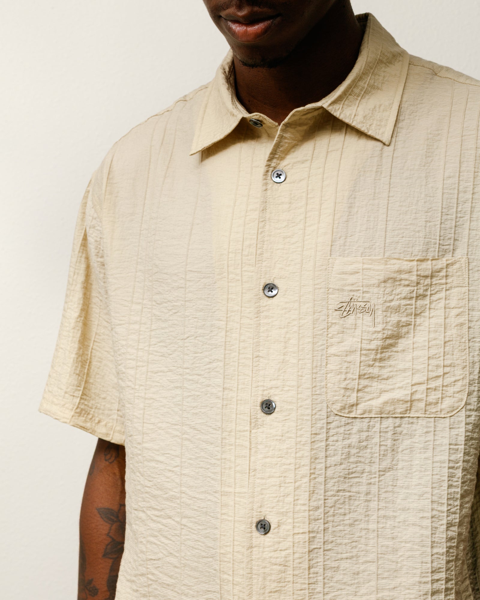 Pleated Textured Shirt – Tan | Tops & Shirts | Stüssy