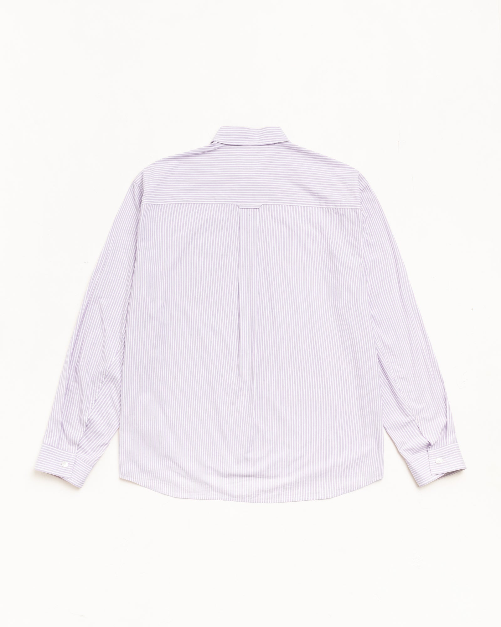 Standard LS Shirt in Purple Stripe, long-sleeve button-up with back yoke pleat, back view