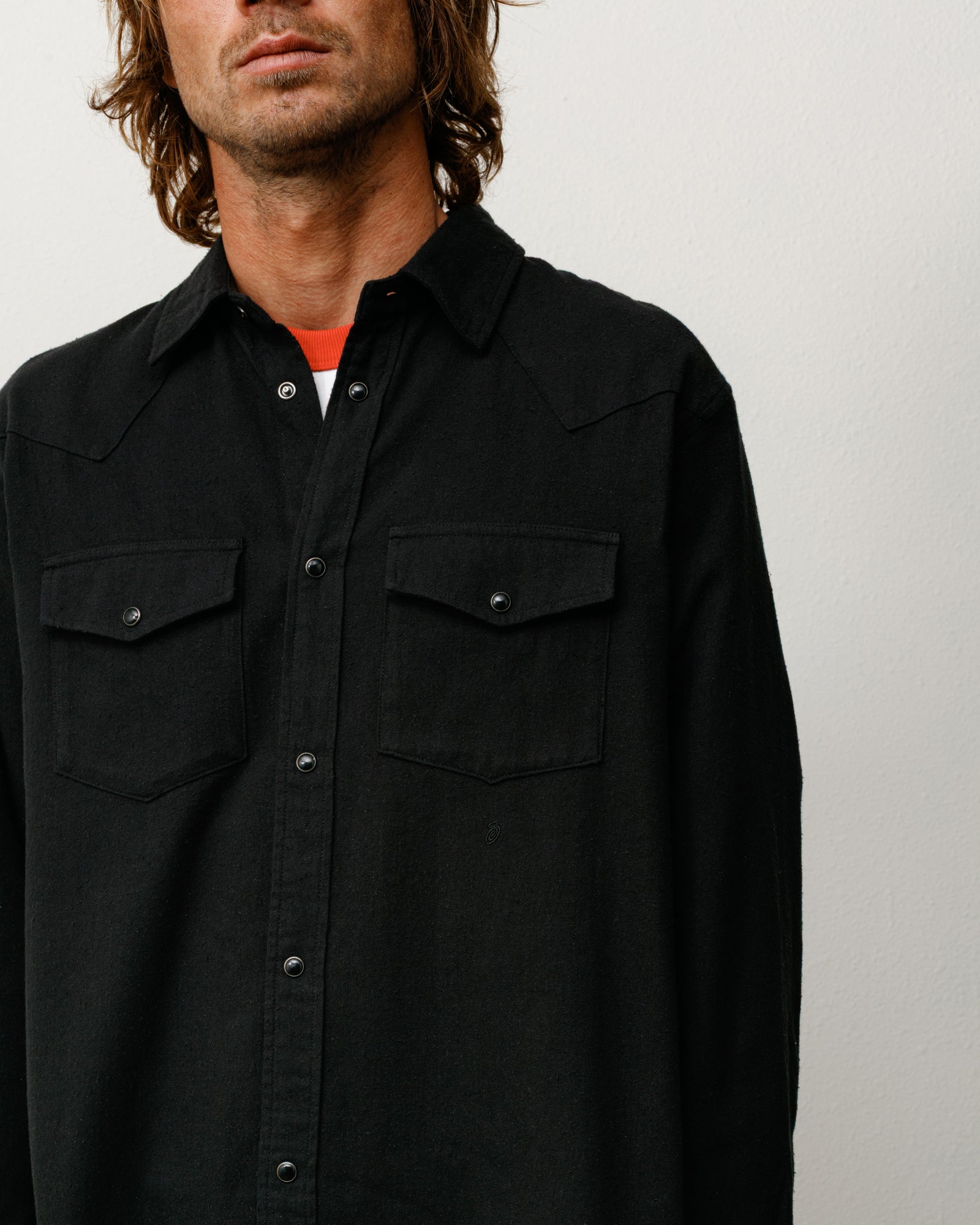 Cotton Silk Western Shirt in Black, snap-button front and dual flap chest pockets on model