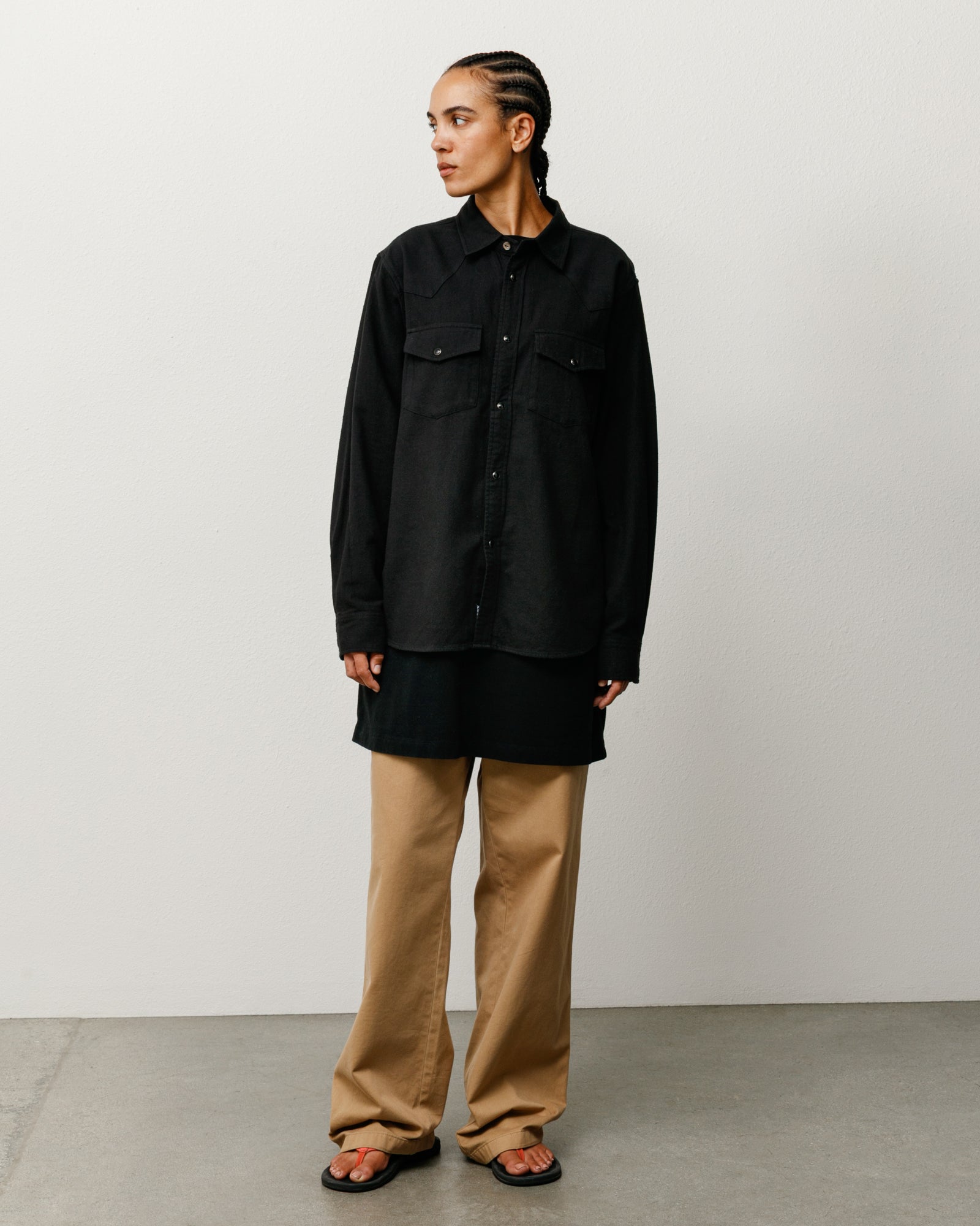 Cotton Silk Western Shirt in Black, long-sleeve snap front with flap chest pockets
