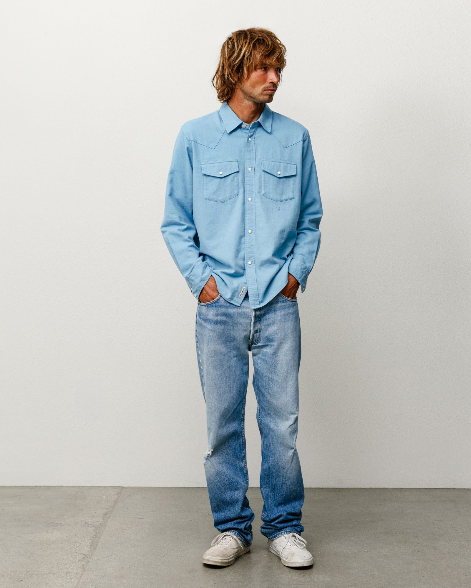Cotton Silk Western Shirt in Blue