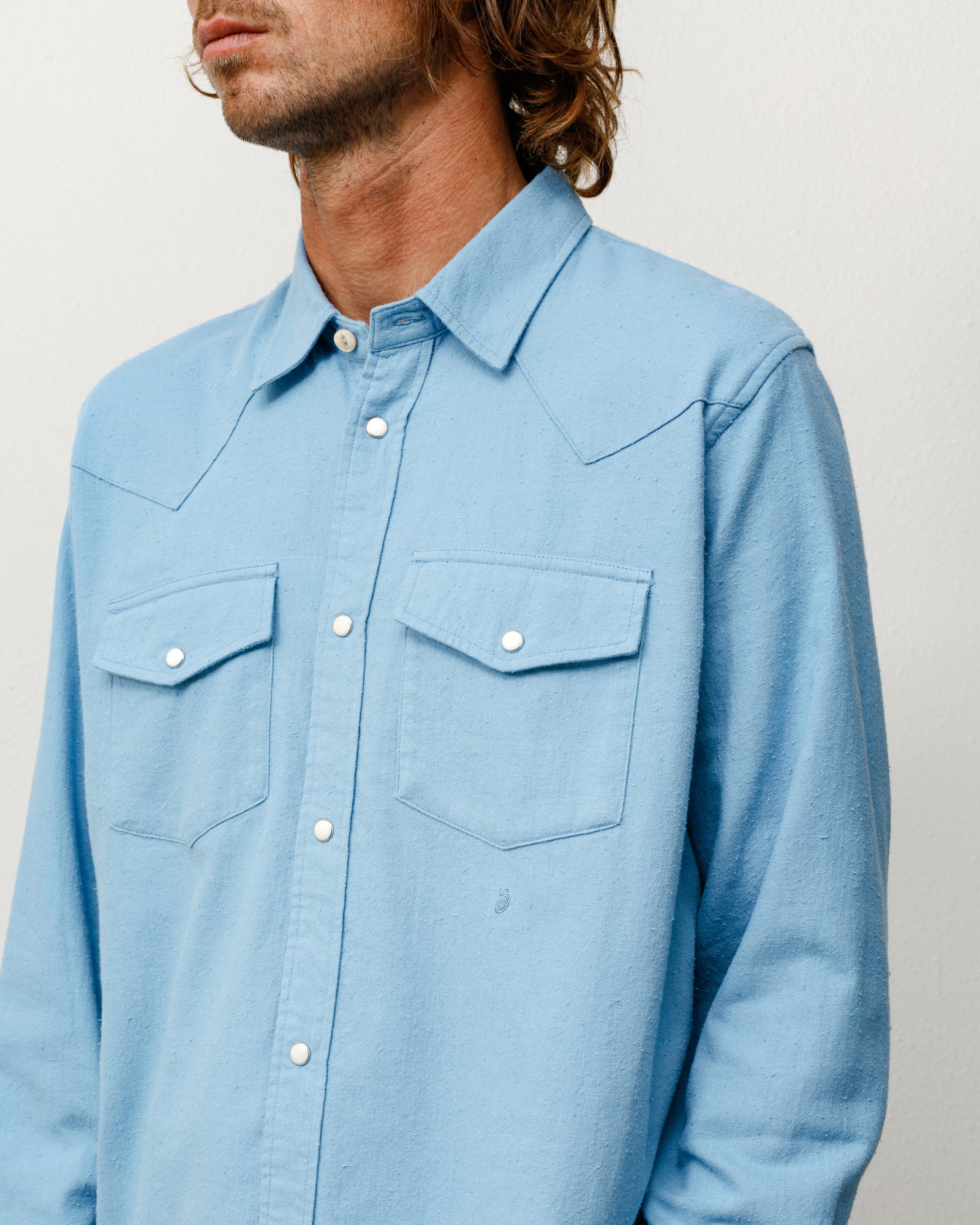 Cotton Silk Western Shirt, Unisex Long Sleeve in Blue