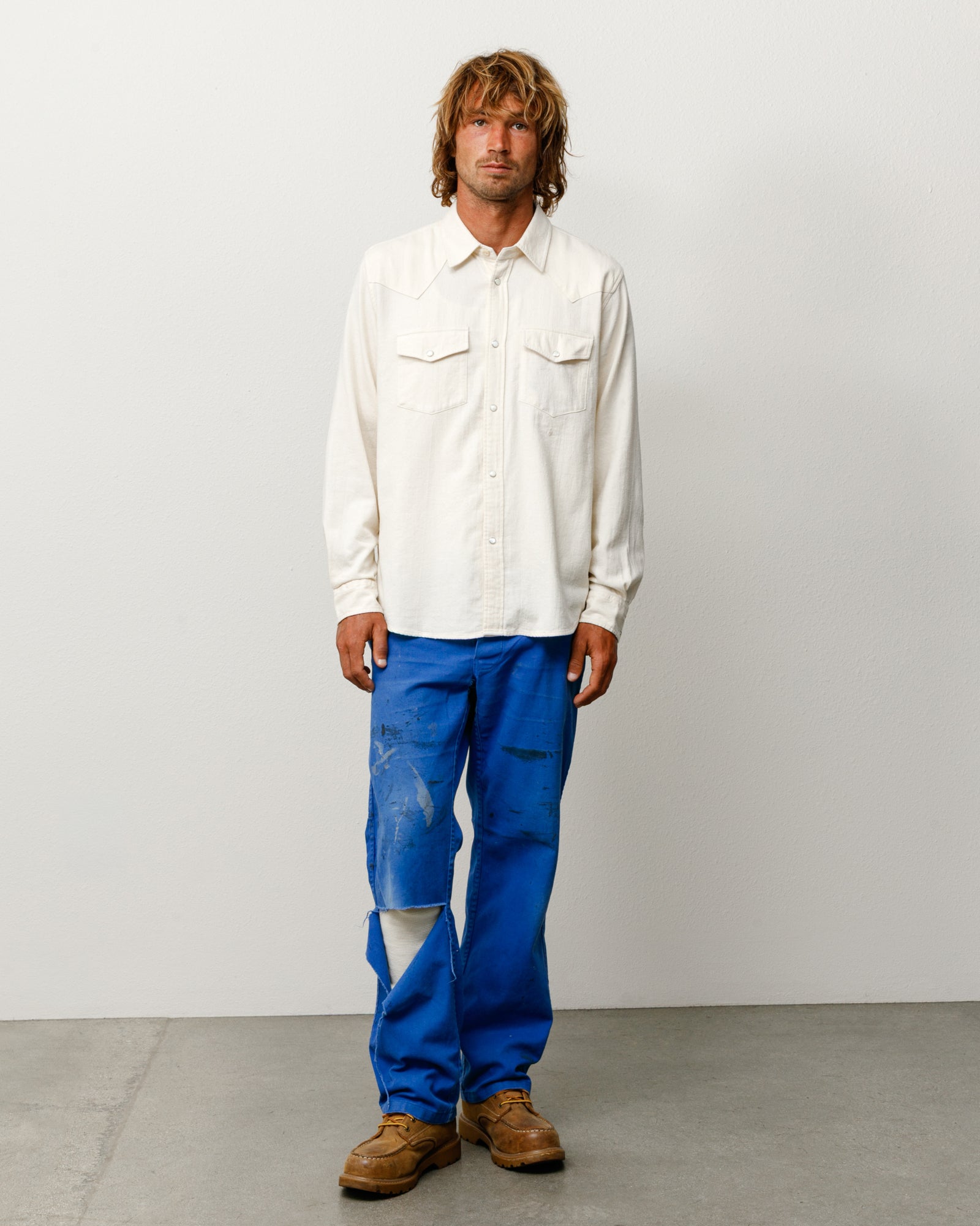 Cotton Silk Western Shirt in Off White