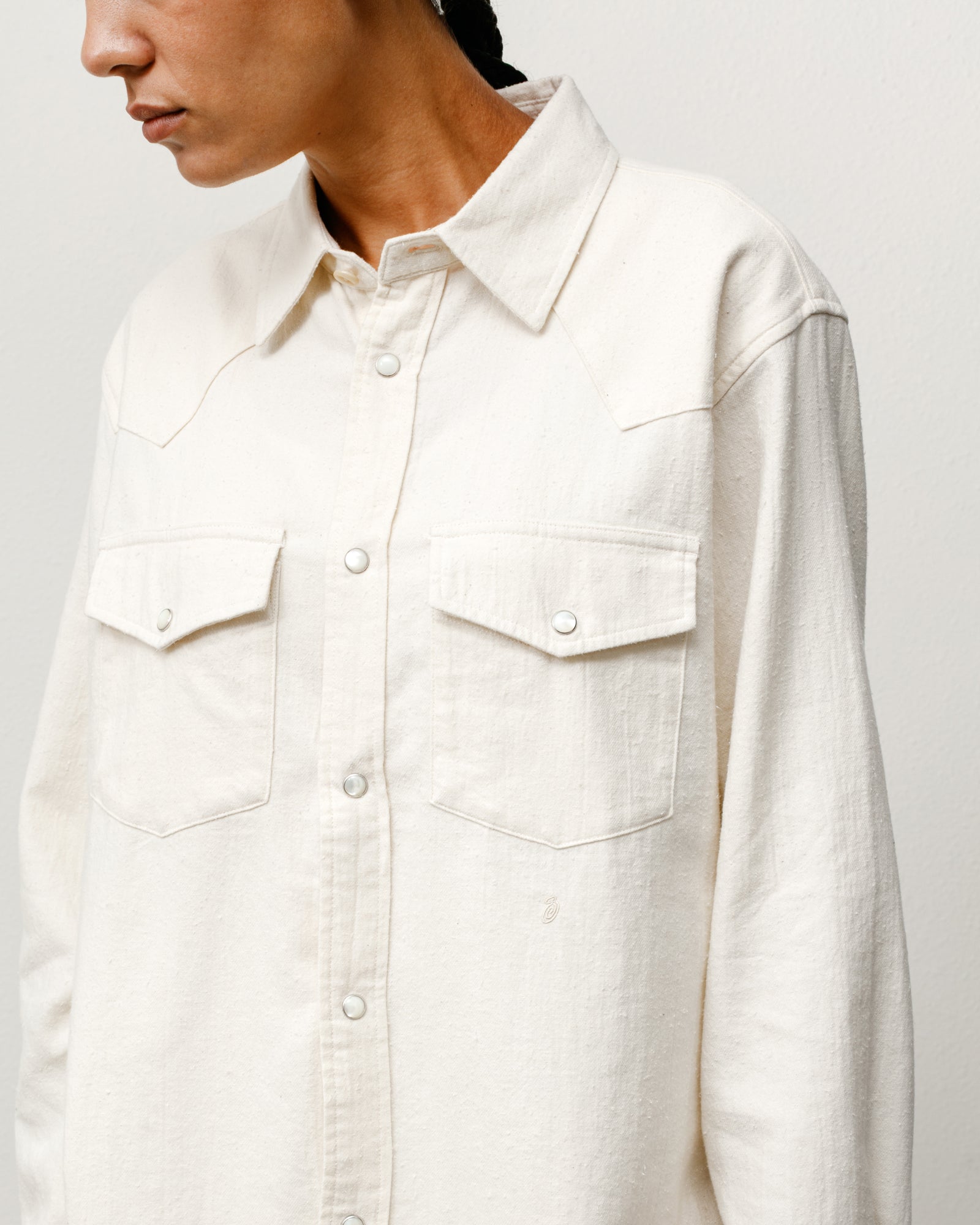 Cotton Silk Western Shirt in Off White, snap-front with chest flap pockets