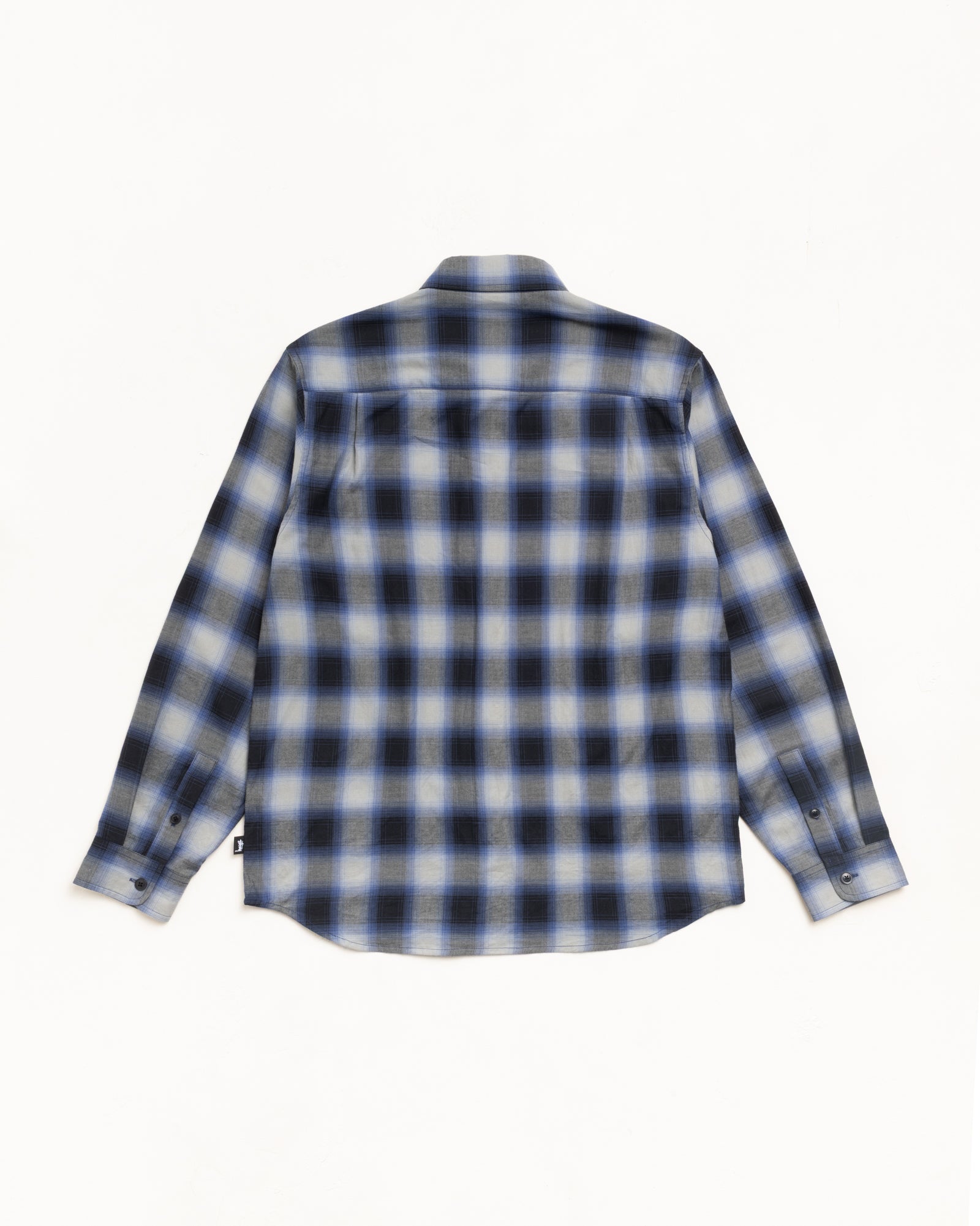 Beach Ombre Plaid Shirt in Black, long-sleeve back view with curved hem