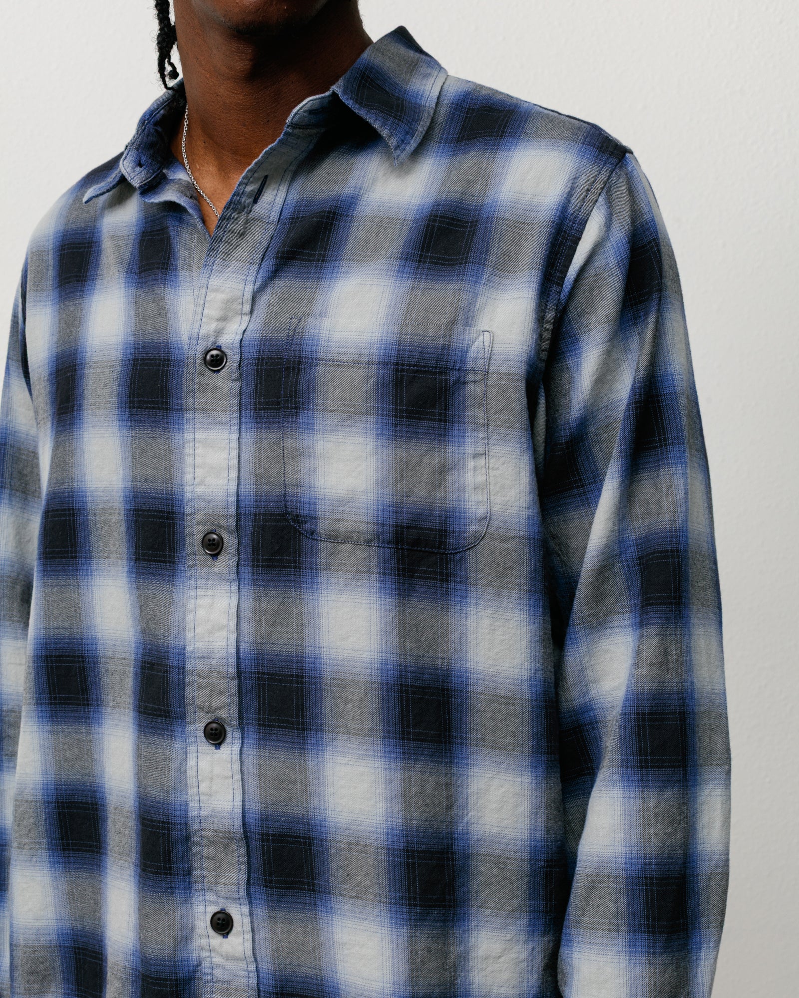 Beach Ombre Plaid Shirt in Black, washed cotton long-sleeve with button front and chest pocket.