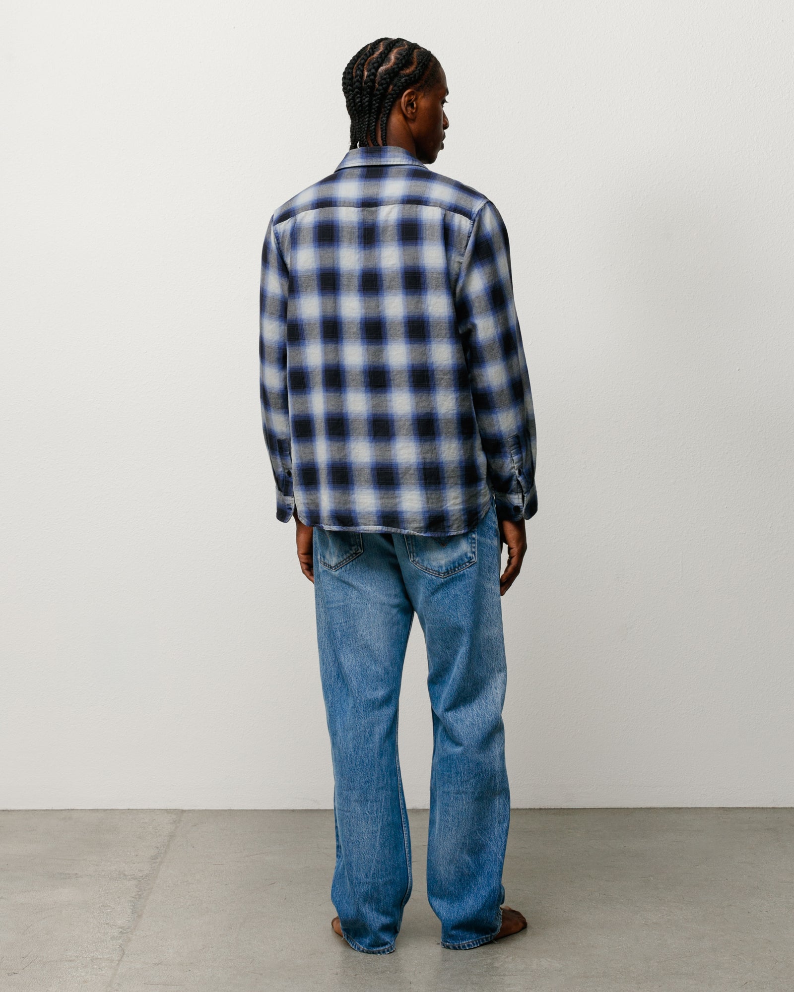 Beach Ombre Plaid Shirt in Black, unisex long sleeve, back view on model