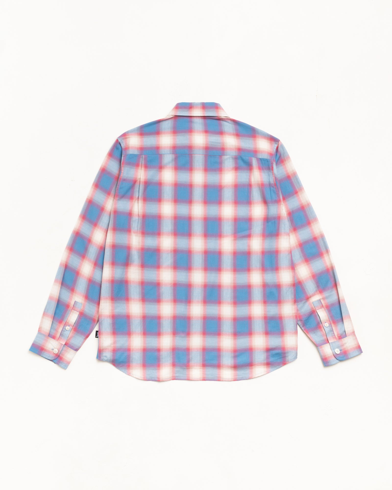 Beach Ombre Plaid Shirt in Blue, long-sleeve back view laid flat