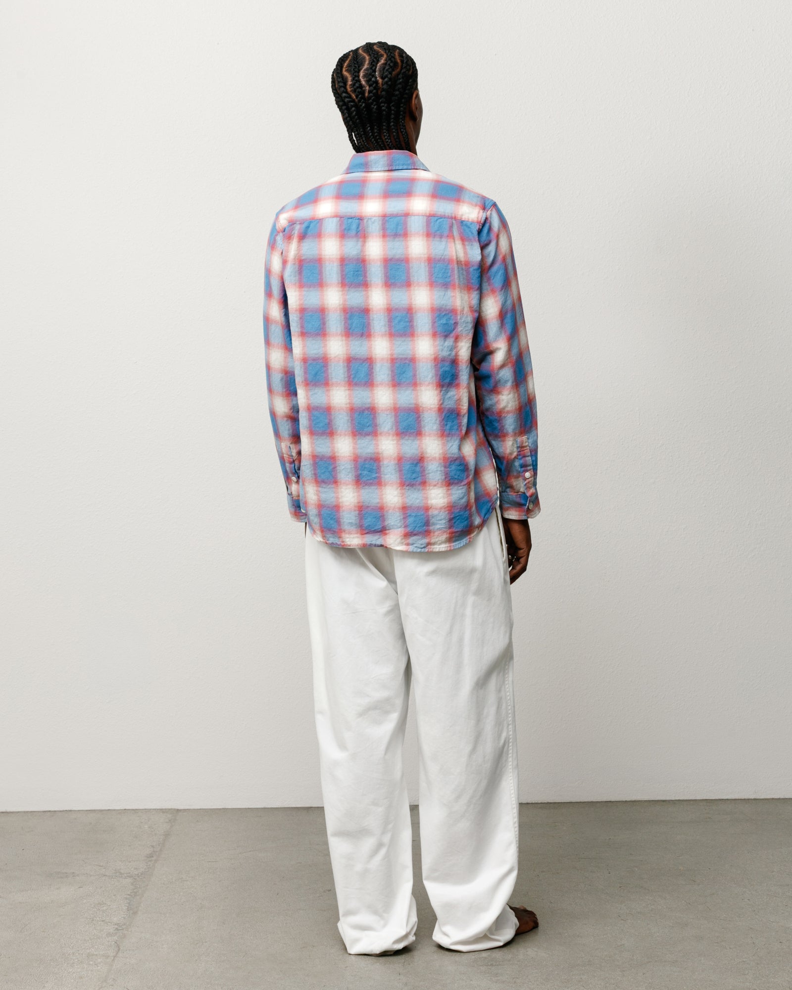 Beach Ombre Plaid Shirt in Blue, relaxed washed-cotton long sleeve shown from the back