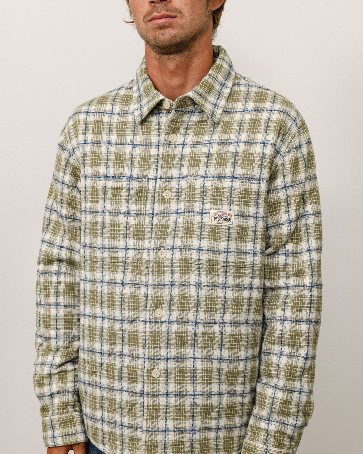 Quilted Plaid Shirt Jacket Unisex Long Sleeve In Olive