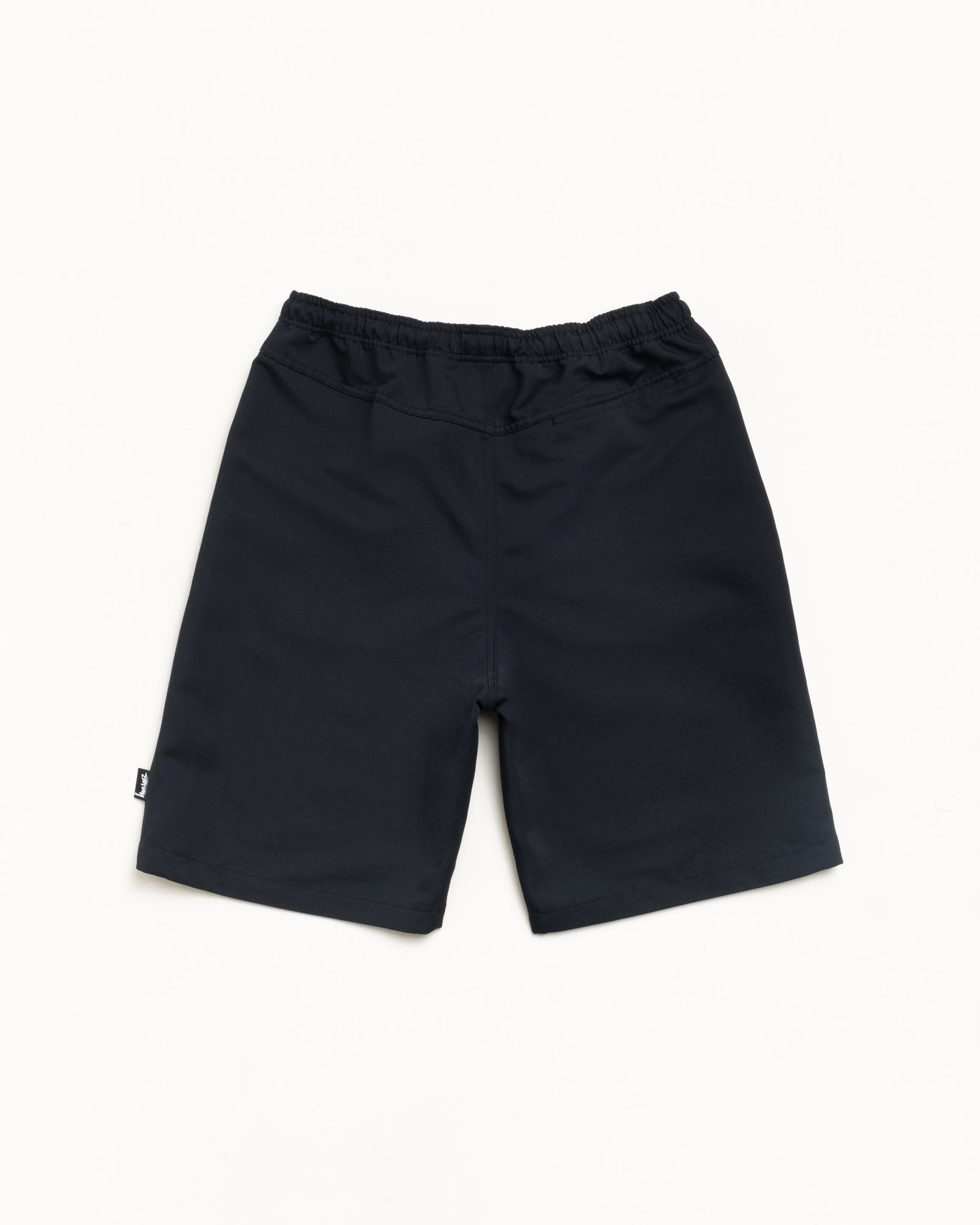 Baggy Beach Short in Black, back view with elastic waist and Stüssy side flag label