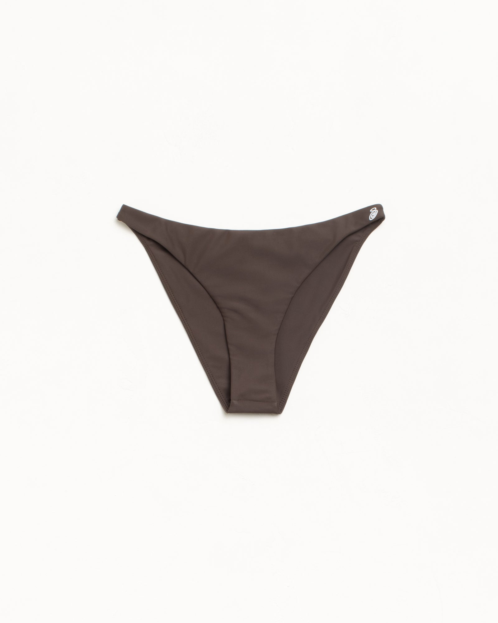 Bikini Bottom Swim in the color Brown featuring a rubberized Stüssy swirly S logo