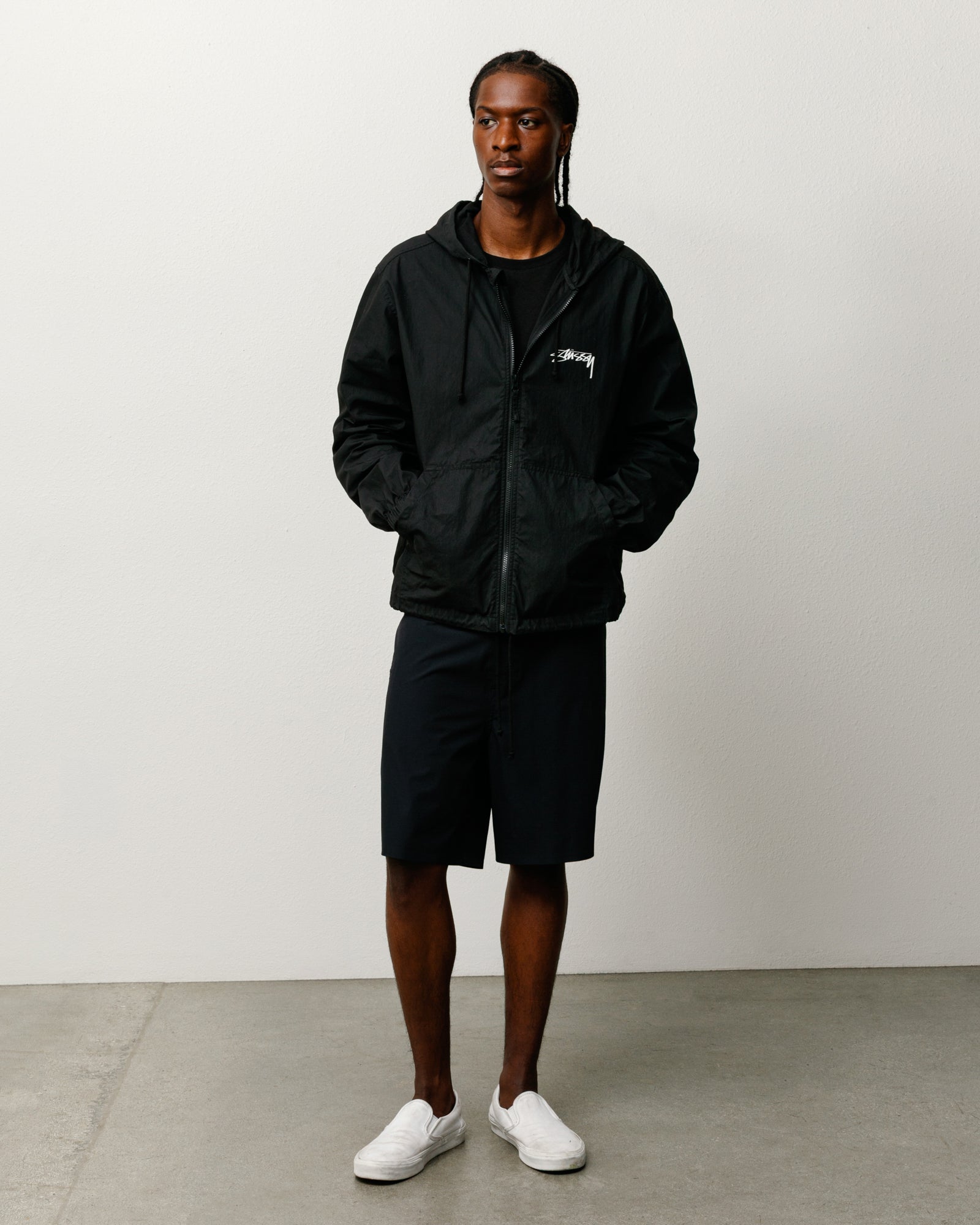Peak Board Short Shorts in Black, stretch nylon with drawcord waist and side zip pocket