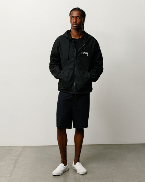 Peak Board Short Shorts in Black, stretch nylon with drawcord waist and side zip pocket