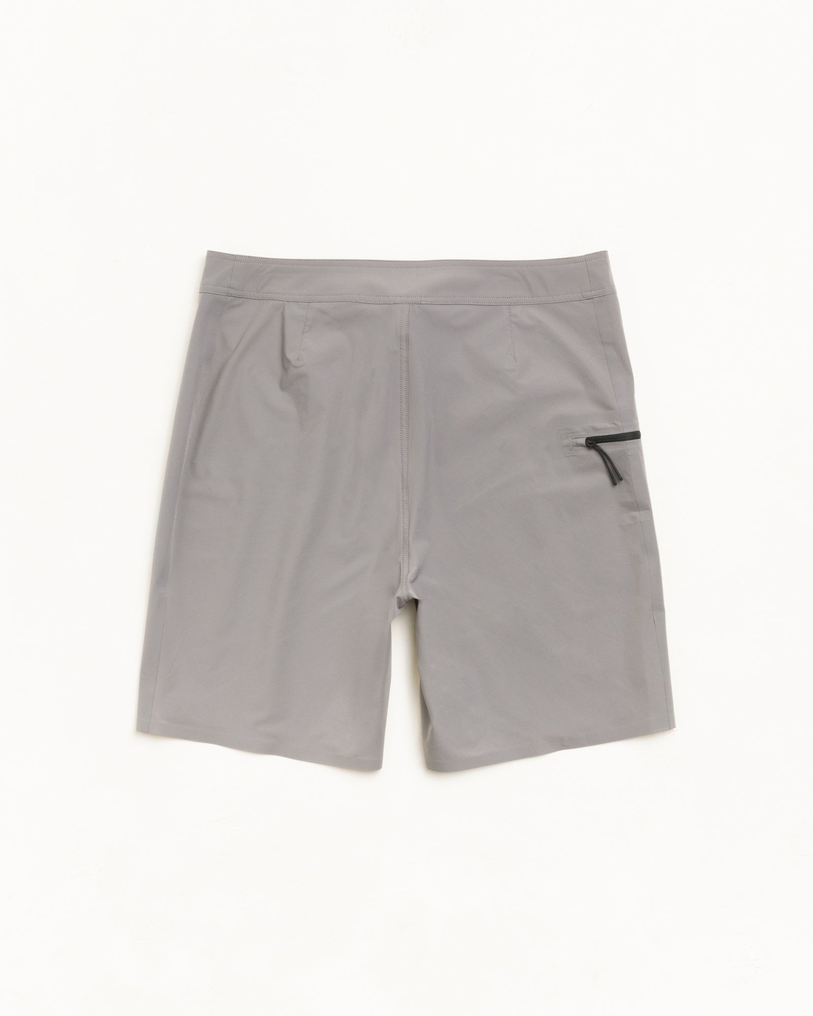 Peak Board Short Unisex in Grey, stretch nylon boardshort with side zip pocket, back view