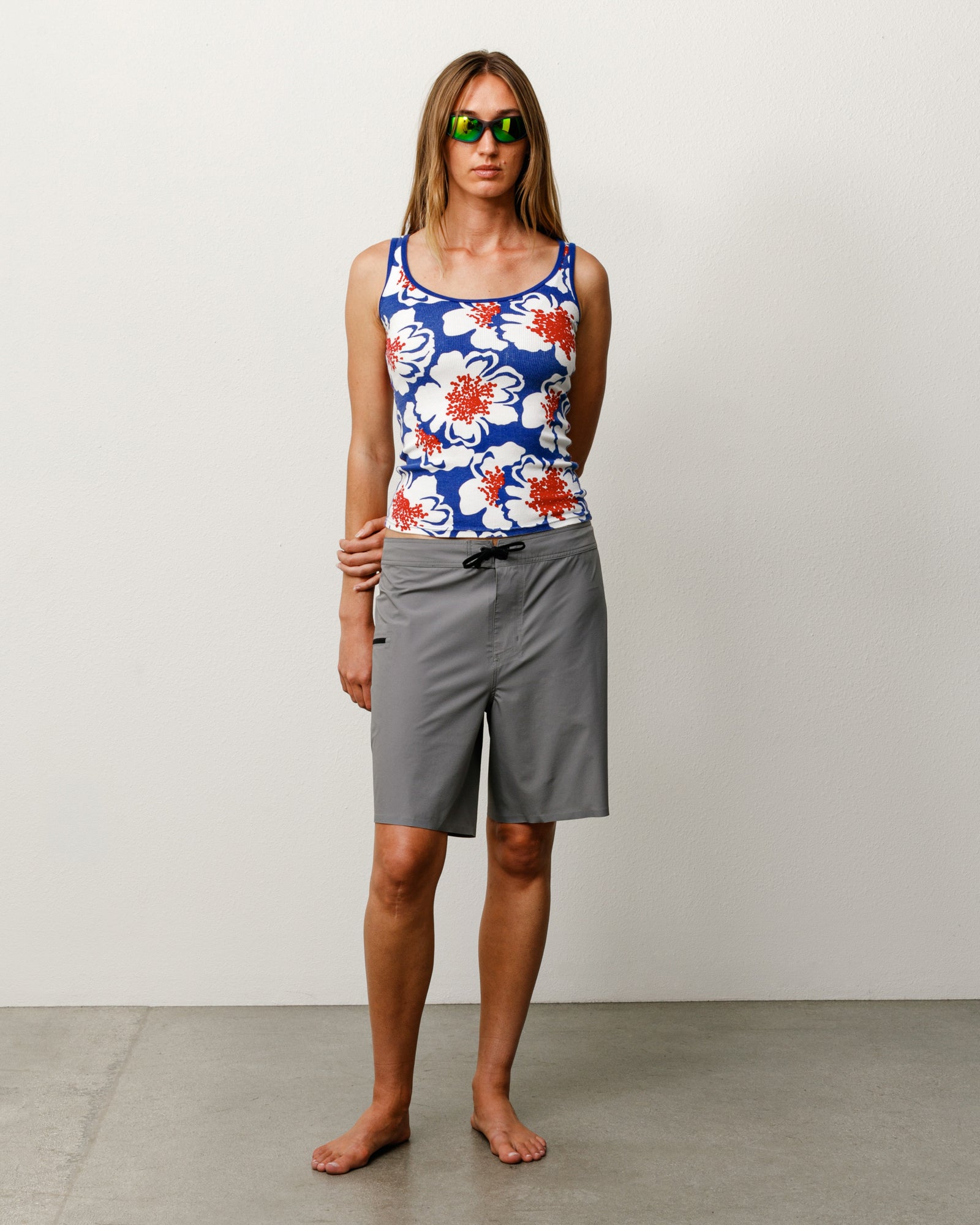 Peak Board Short in Grey, unisex stretch nylon boardshort with drawcord waist