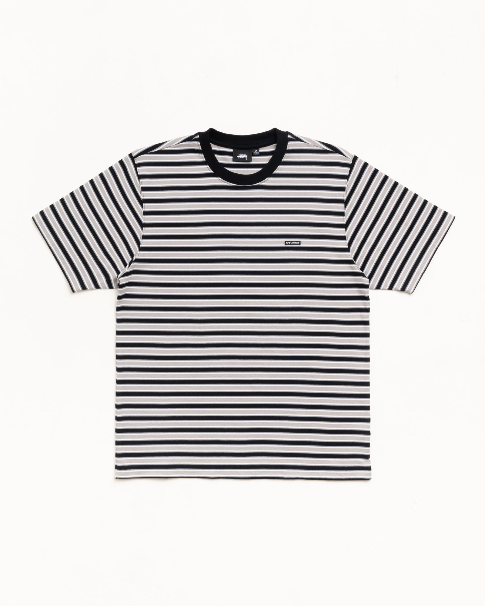 Beach Stripe Tee in Black with horizontal stripes and ribbed crewneck