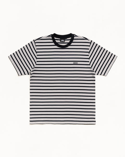 Beach Stripe Tee in Black with horizontal stripes and ribbed crewneck