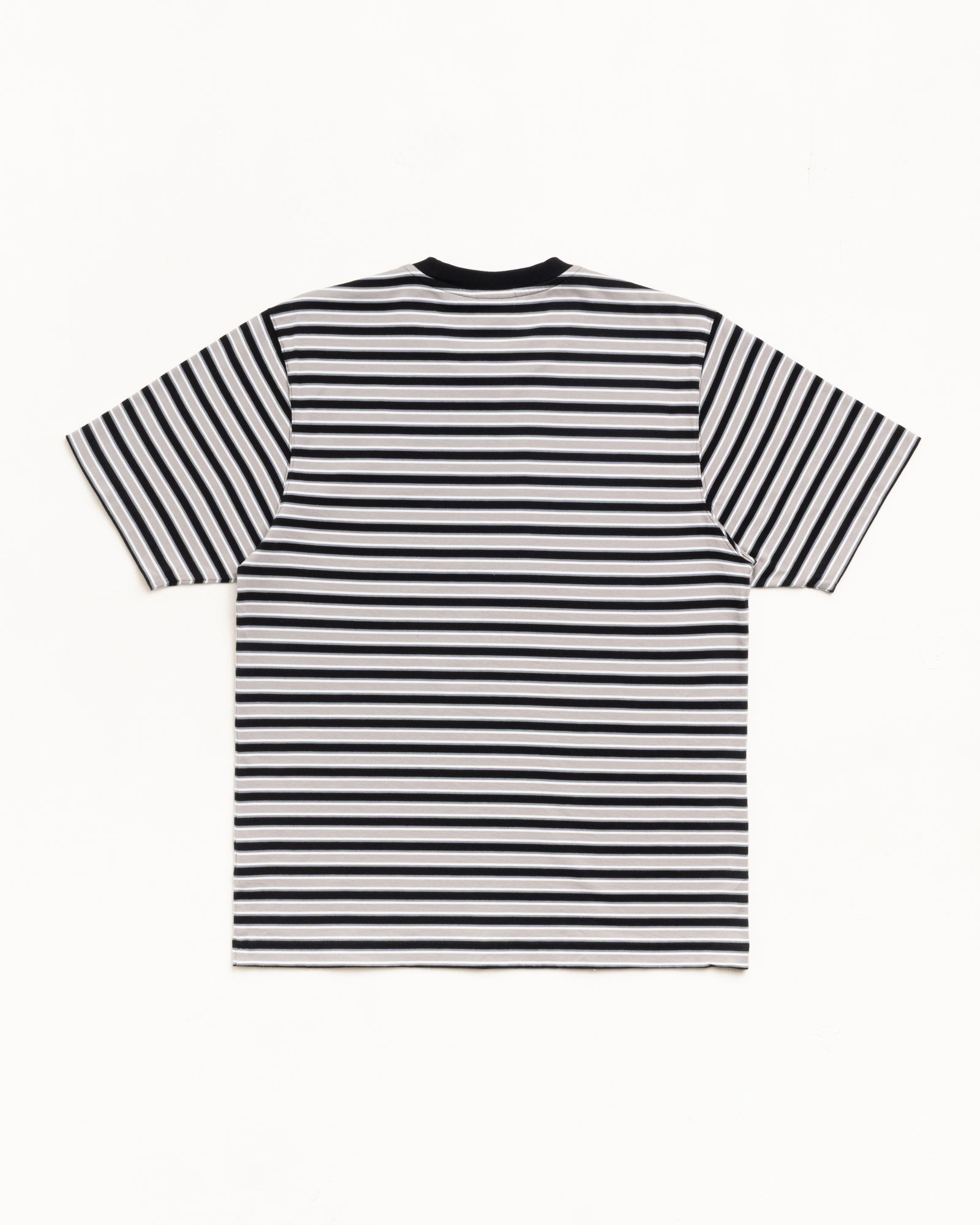 Beach Stripe Short Sleeve Tee in Black, back view with black-and-white stripes and ribbed crew neck.