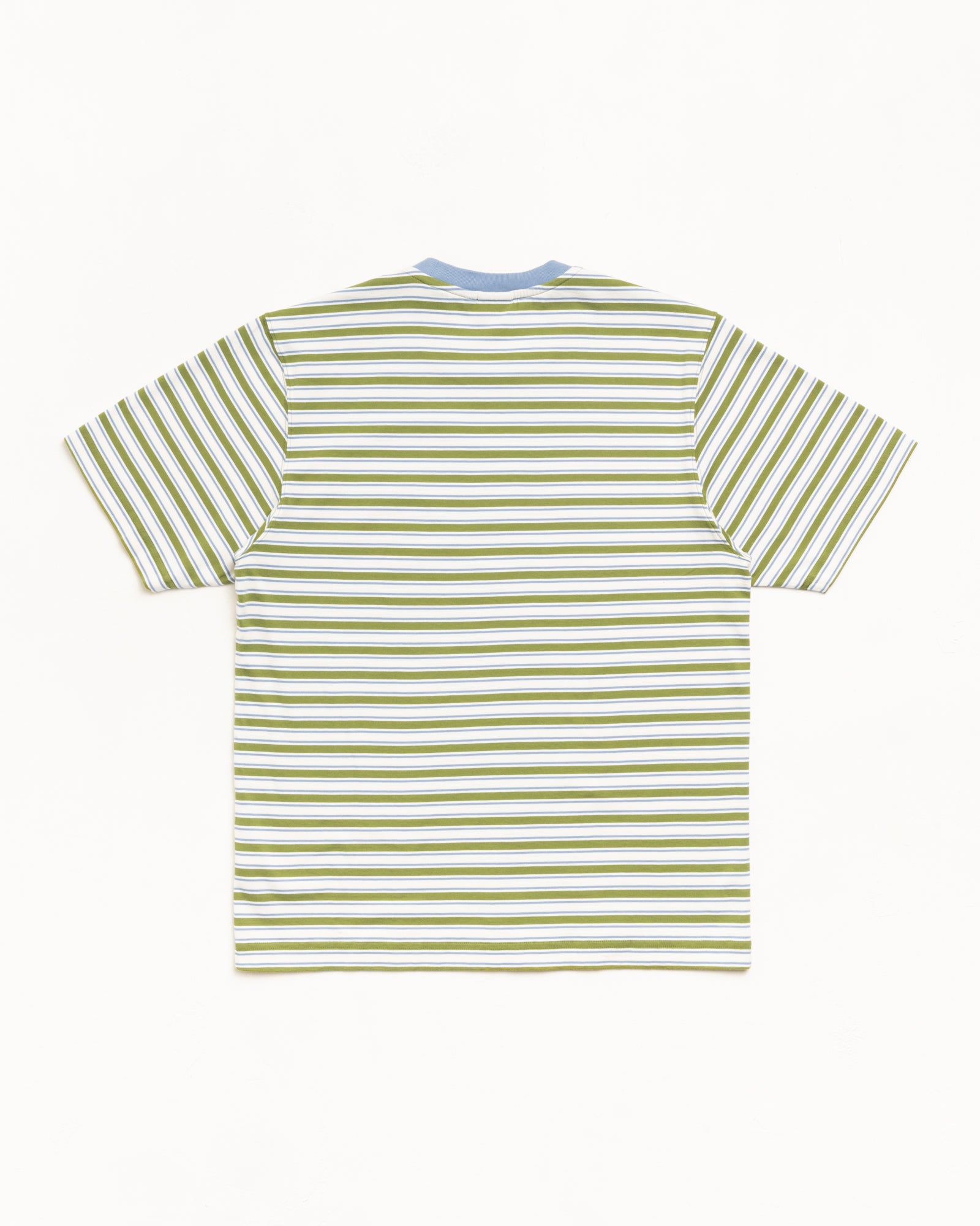 Beach Stripe Tee in Moss, short-sleeve striped cotton knit, back flat lay