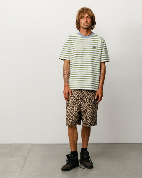 Beach Stripe Tee in Moss with blue ribbed collar, modeled front view