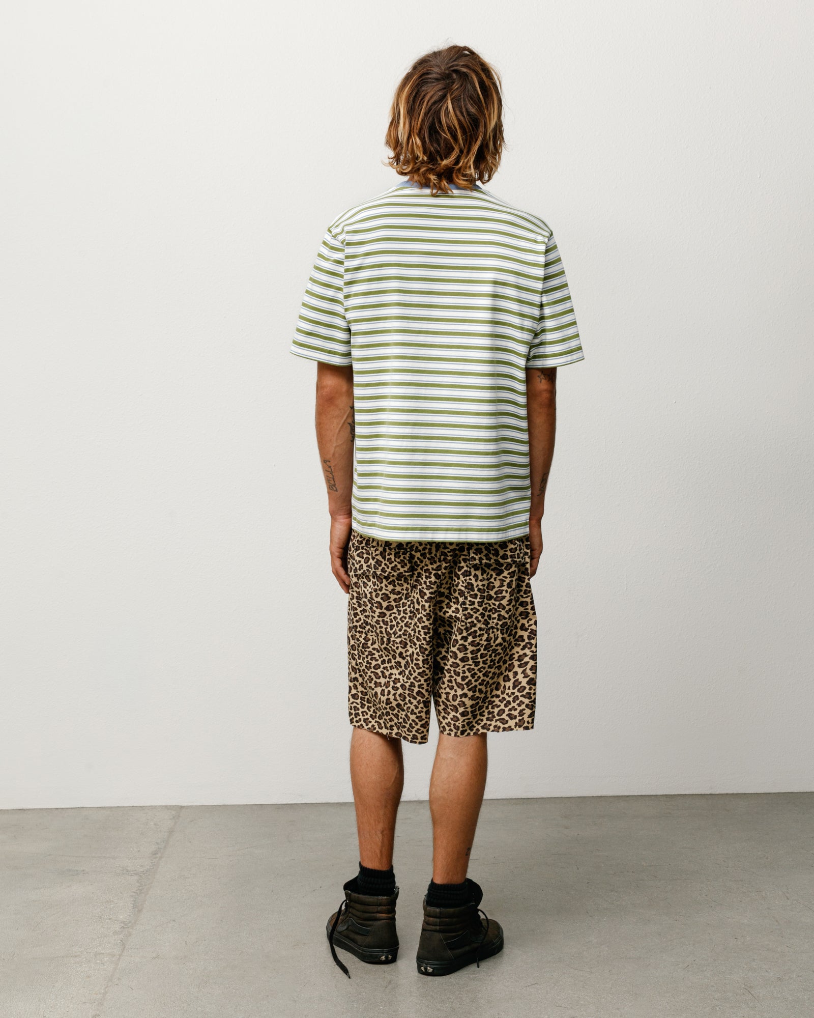 Beach Stripe Tee in Moss green stripes, relaxed fit cotton jersey, back view on model