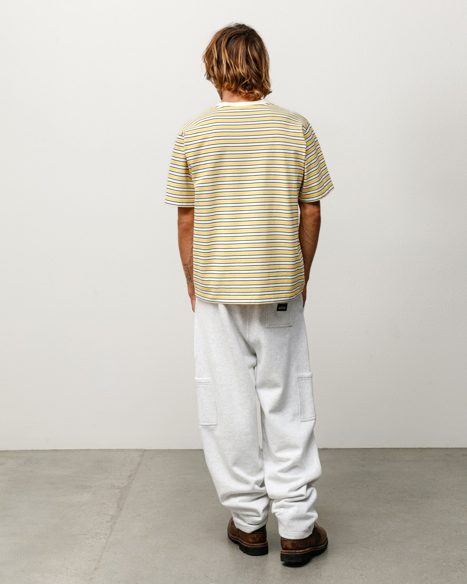Beach Stripe Short Sleeve Tee in Yellow, back view on model