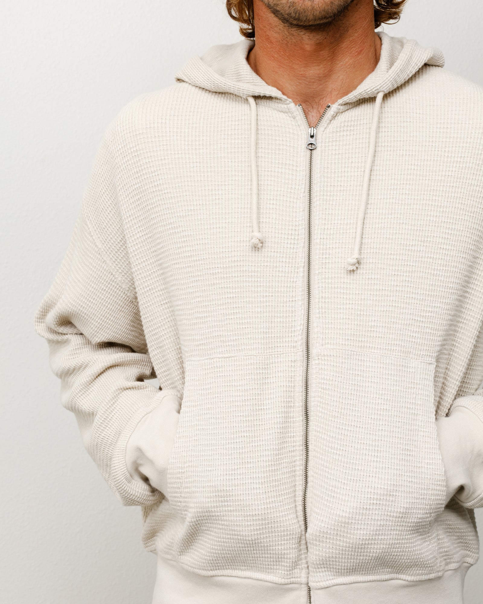 Lightweight Thermal Hoodie in Bone, waffle-knit zip-up with drawcords