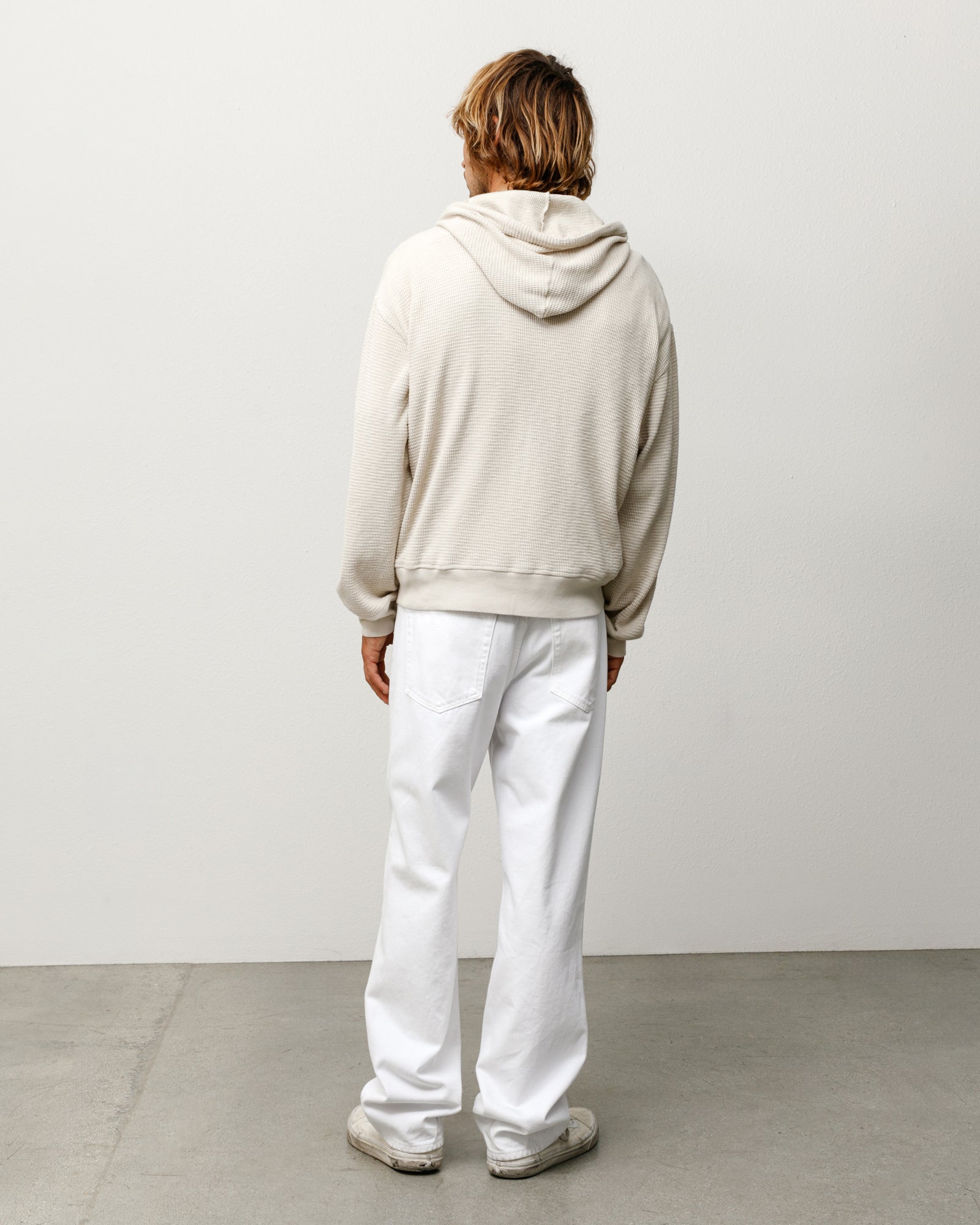 Lightweight Thermal Hoodie in Bone, unisex long-sleeve back view with waffle knit and ribbed hem