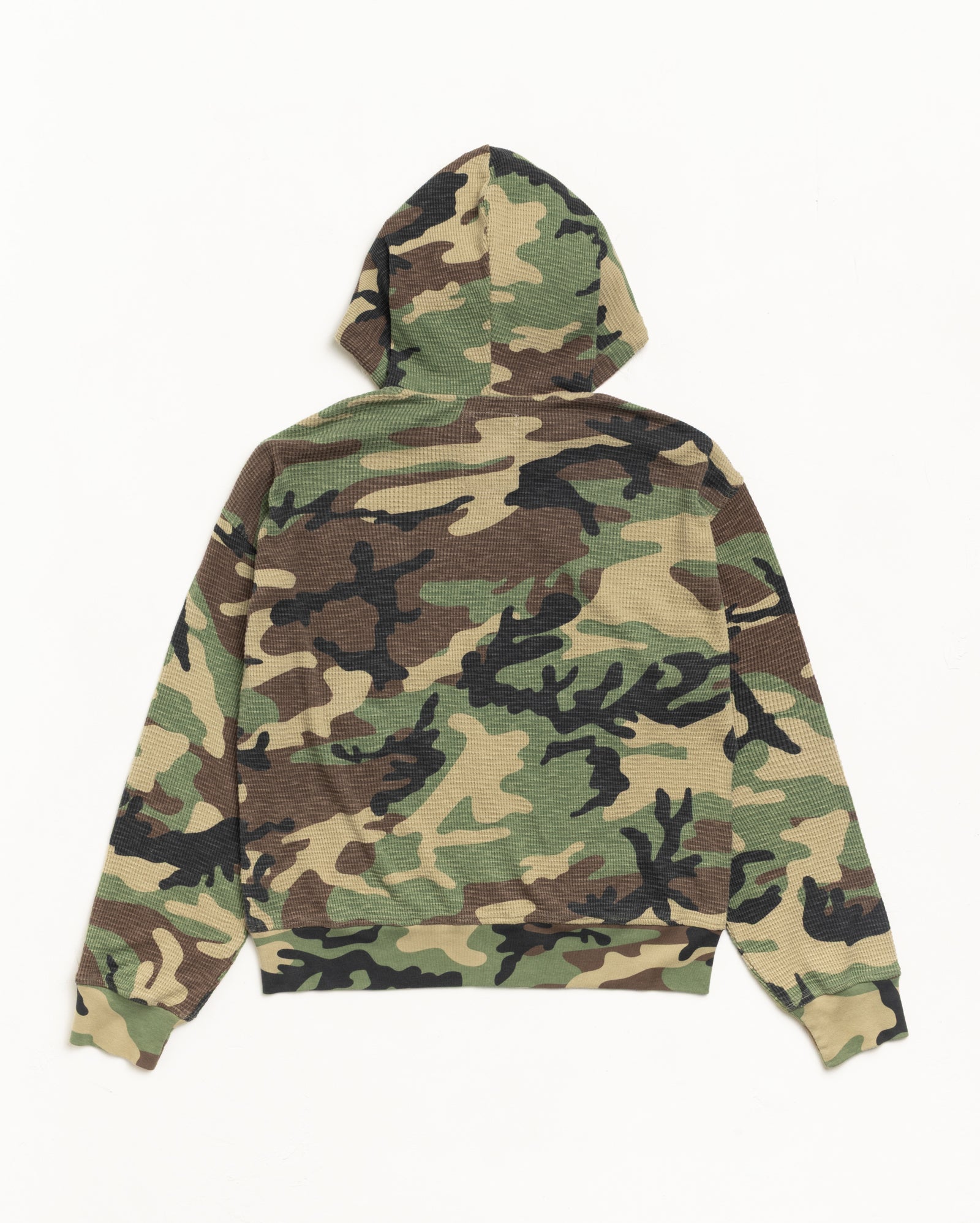Lightweight Thermal Hoodie in Camo, unisex long sleeve, back flat lay