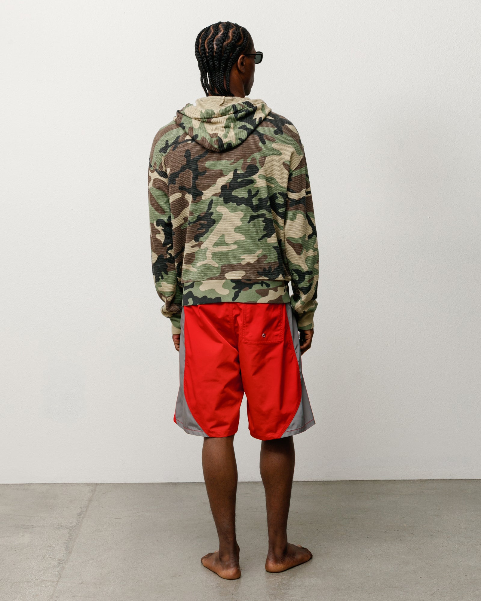 Lightweight thermal hoodie in Camo, waffle-knit long sleeve shown on model back view