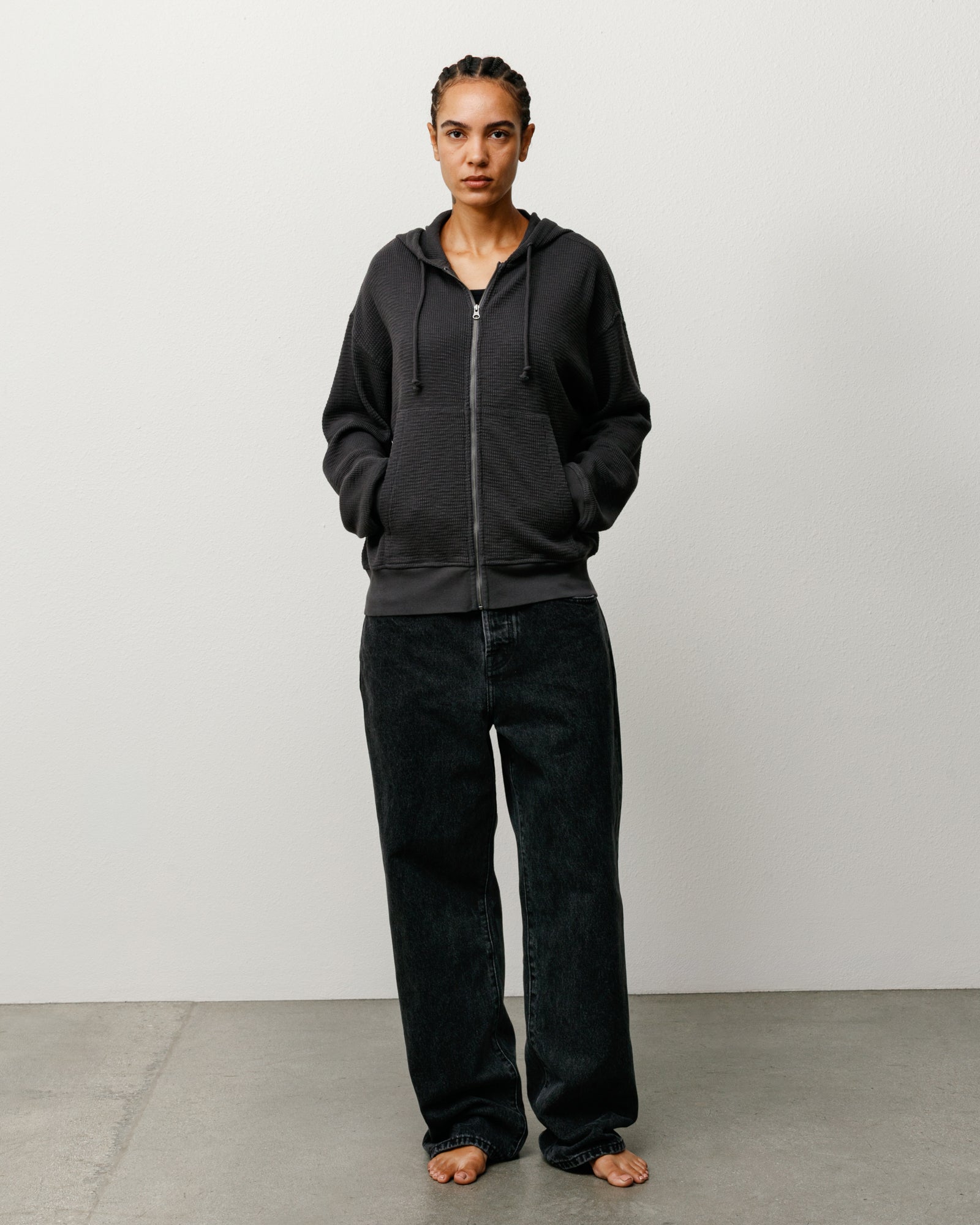 Lightweight Thermal Zip Hoodie in Faded Black waffle knit on model