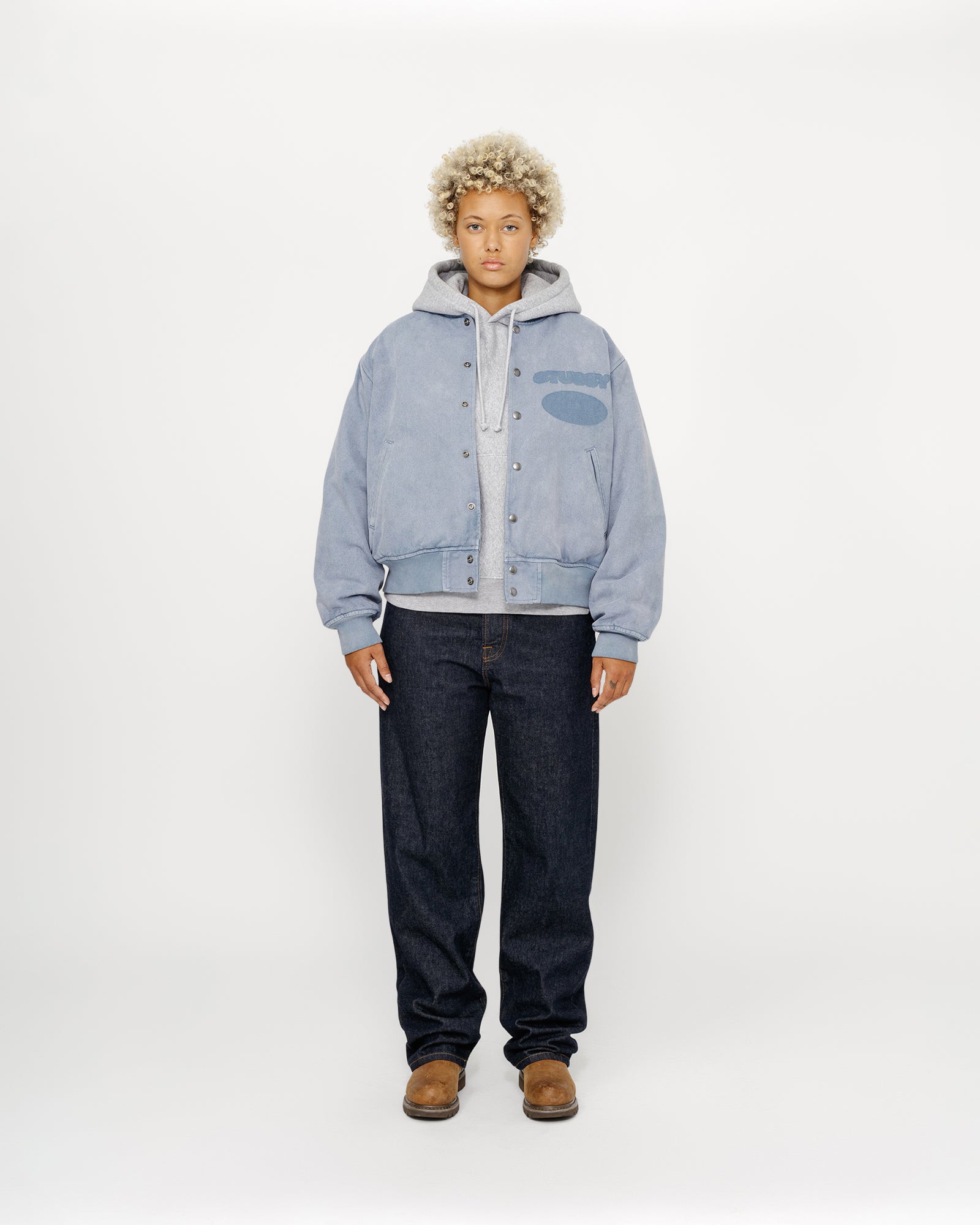 Ghost Logo Canvas Varsity Jacket in blue – Stüssy