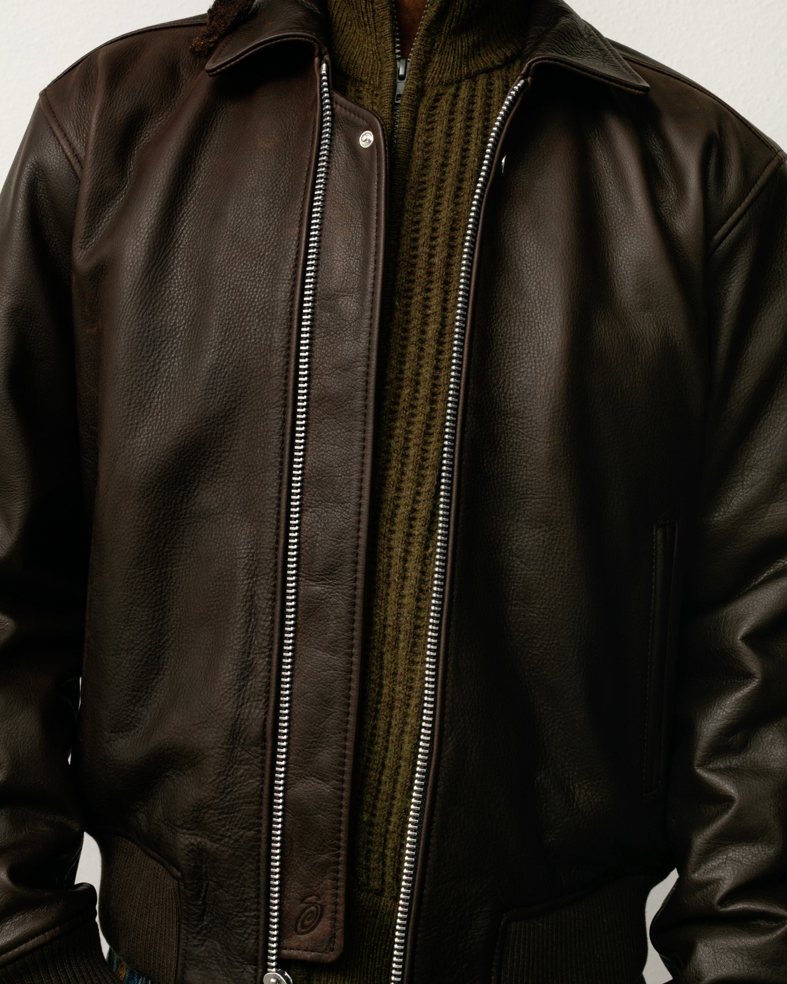 Leather Flight Jacket Mens Long Sleeve In Dark Brown