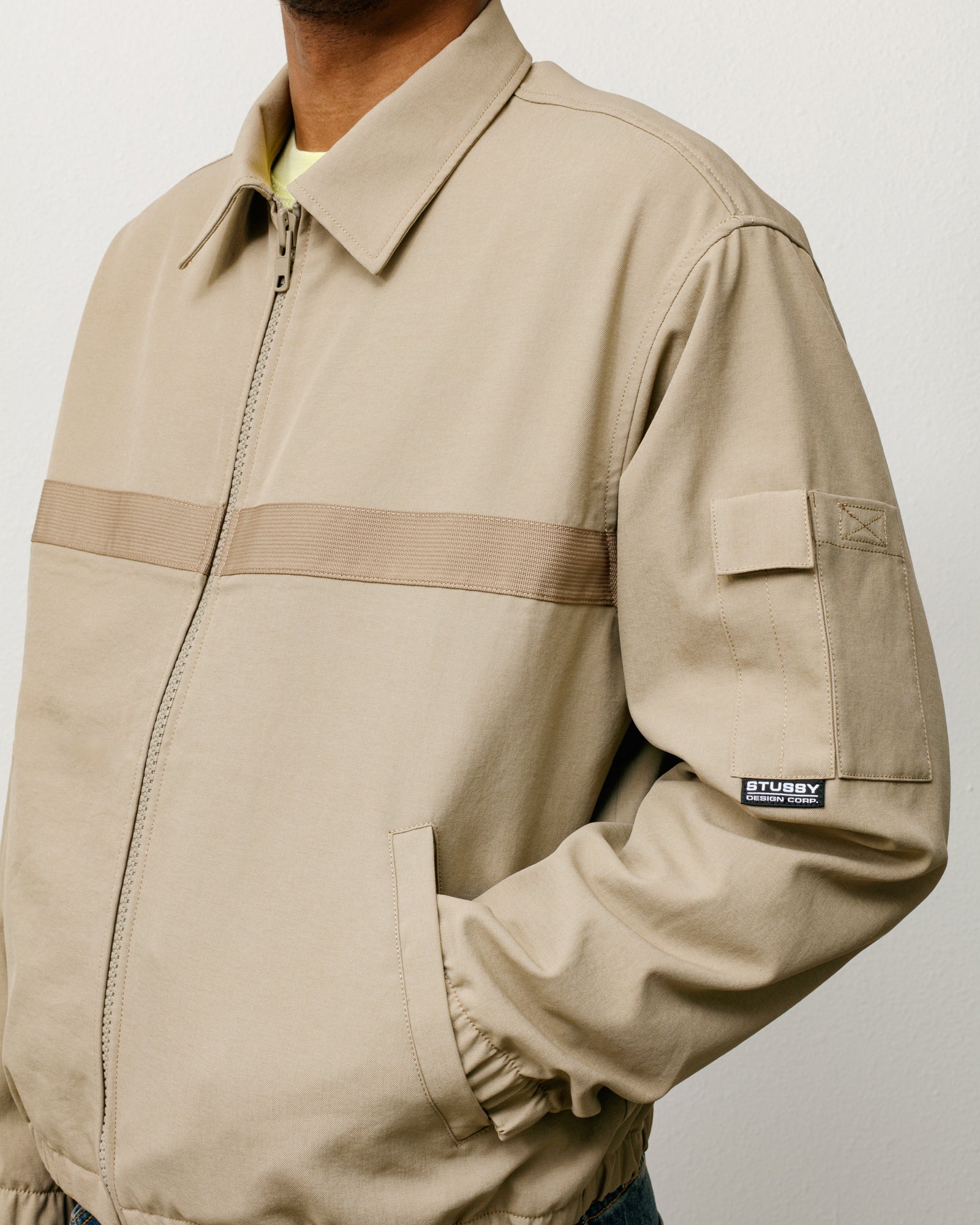 Mechanic Jacket in Khaki, zip-front outerwear with webbing stripe and sleeve patch pocket