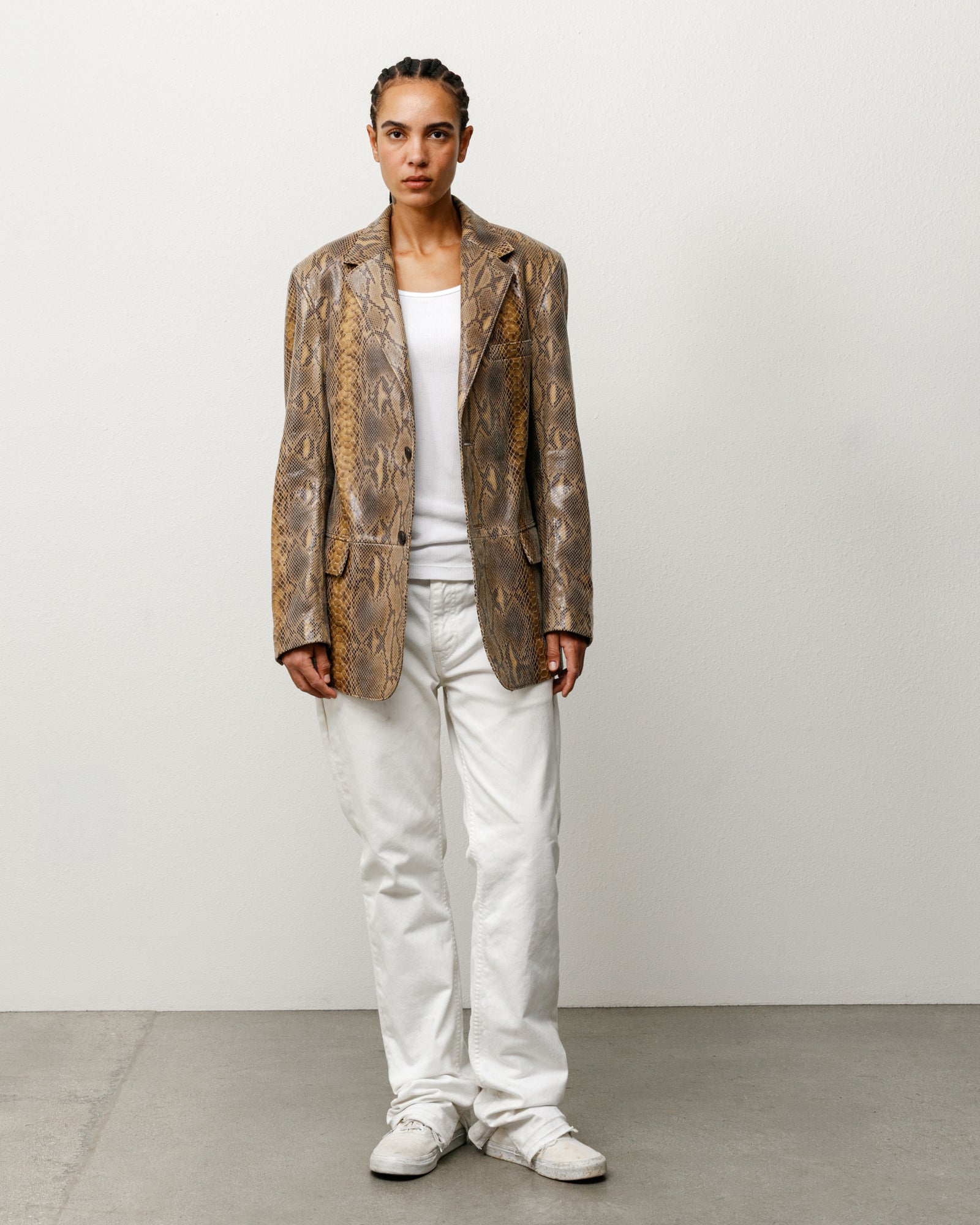 Leather Blazer in Snake, textured leather with notched lapels, shown on model.