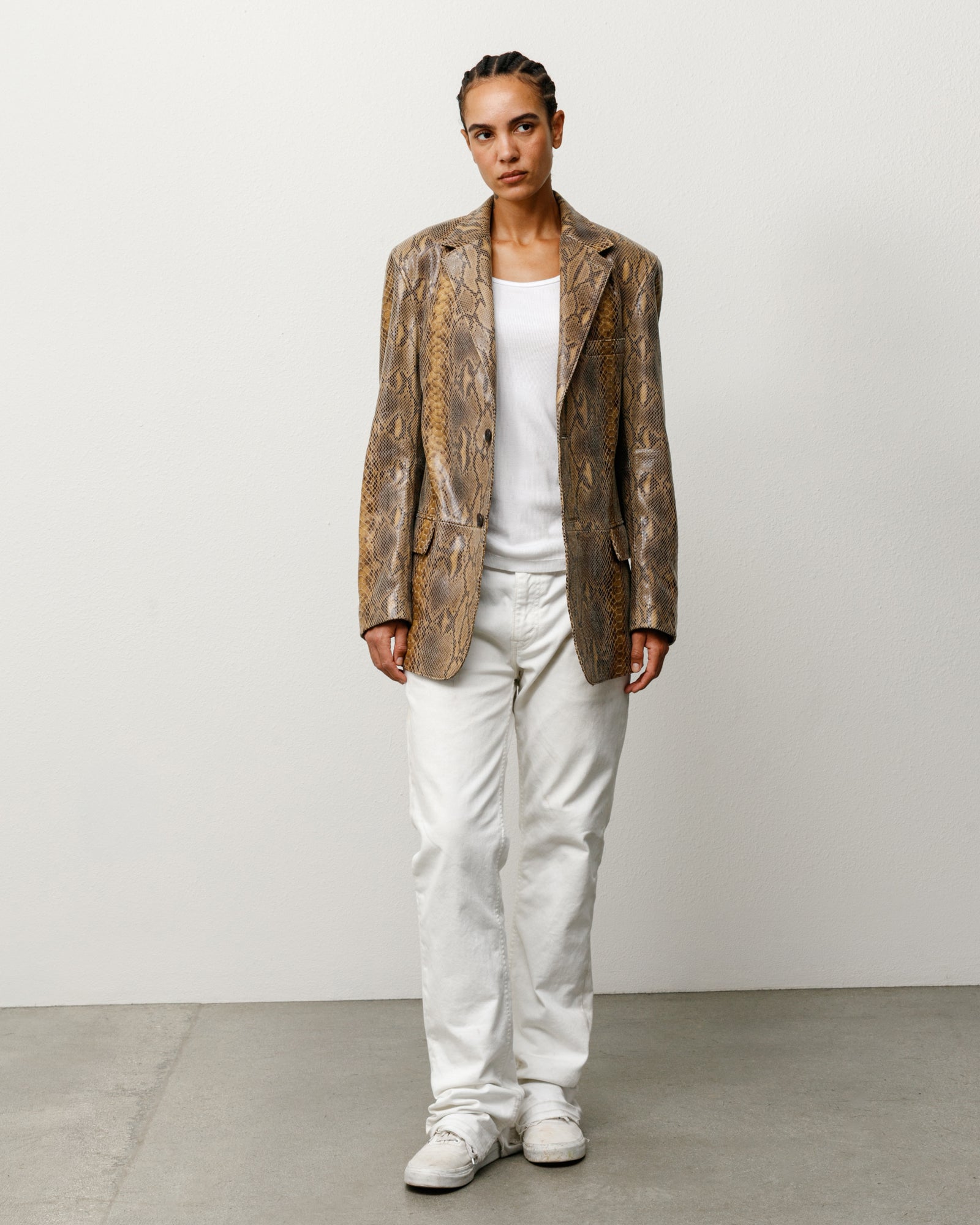 Leather Blazer in Snake leather styled on model with white tee and jeans