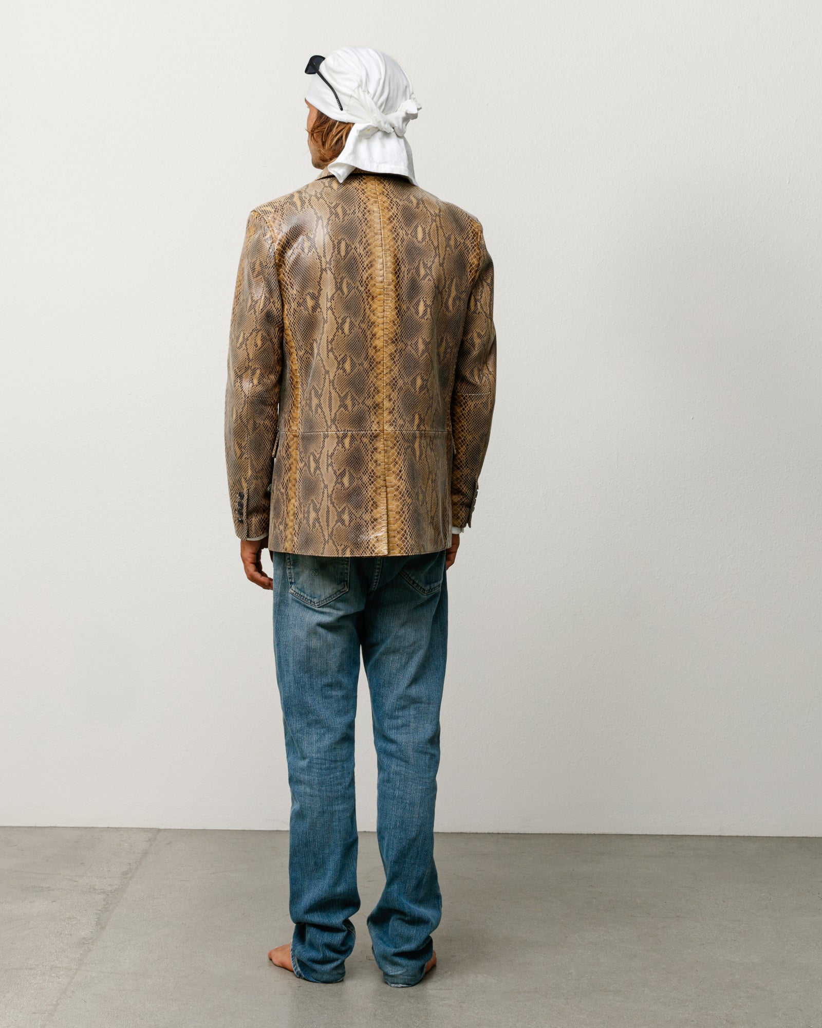 Leather Blazer in Snake, textured snake-print leather, back view on model
