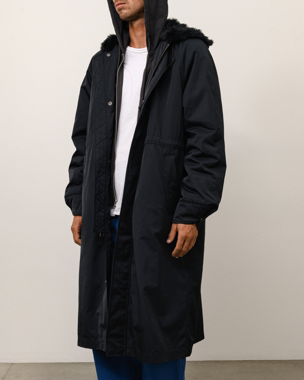 Fur Hood Long Parka Unisex Long Sleeve In Black