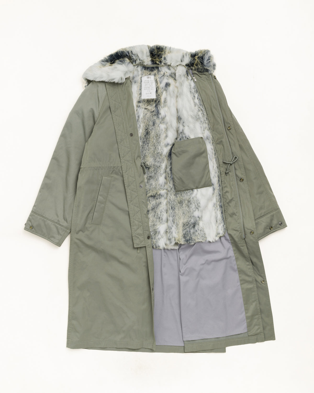 Fur Hood Long Parka Unisex Long Sleeve In Green