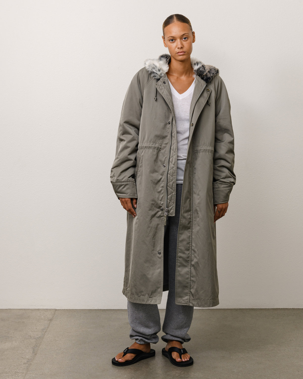 Fur Hood Long Parka Unisex Long Sleeve In Green