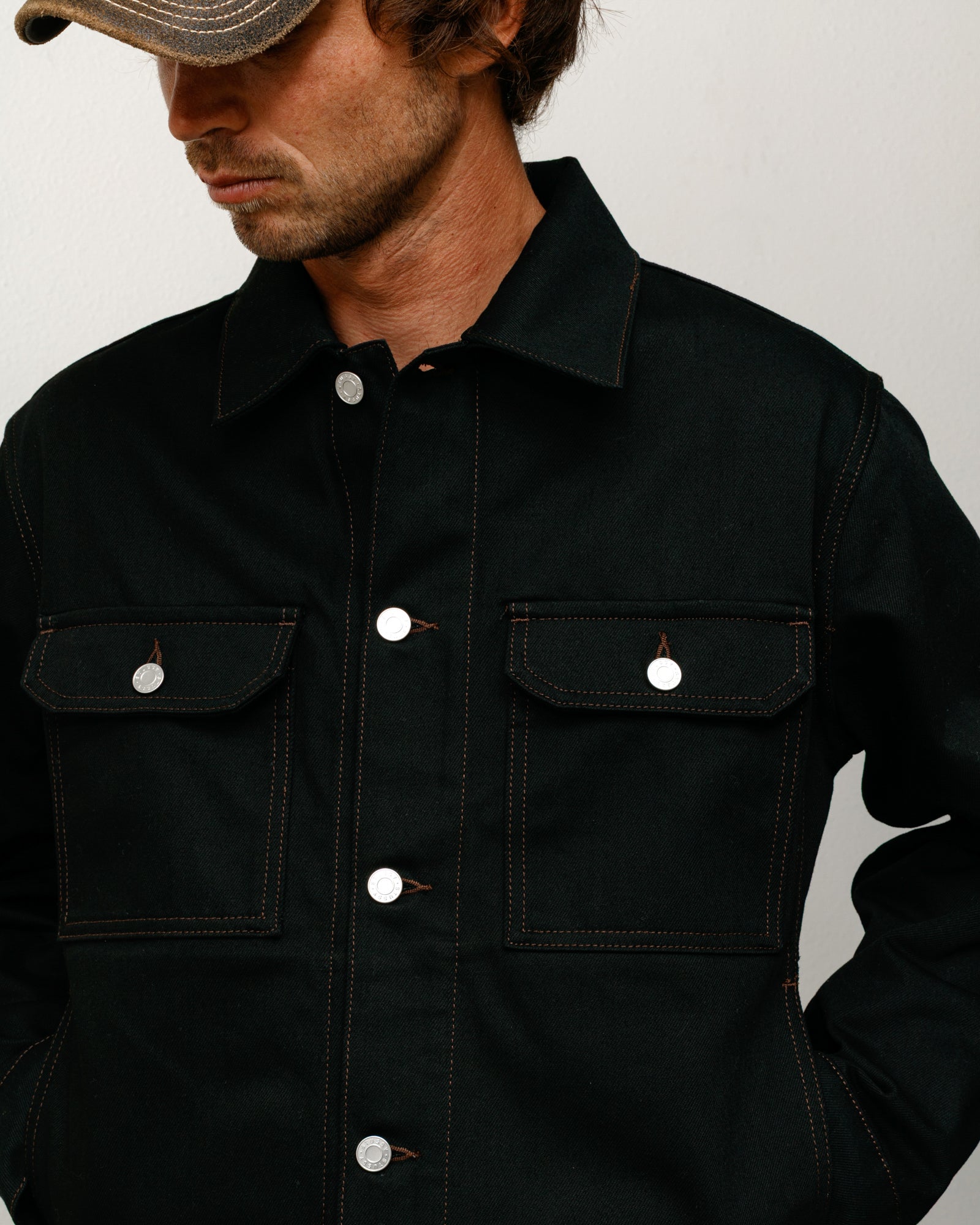Denim Trucker Jacket in Raw Black Contrast Stitch, unisex