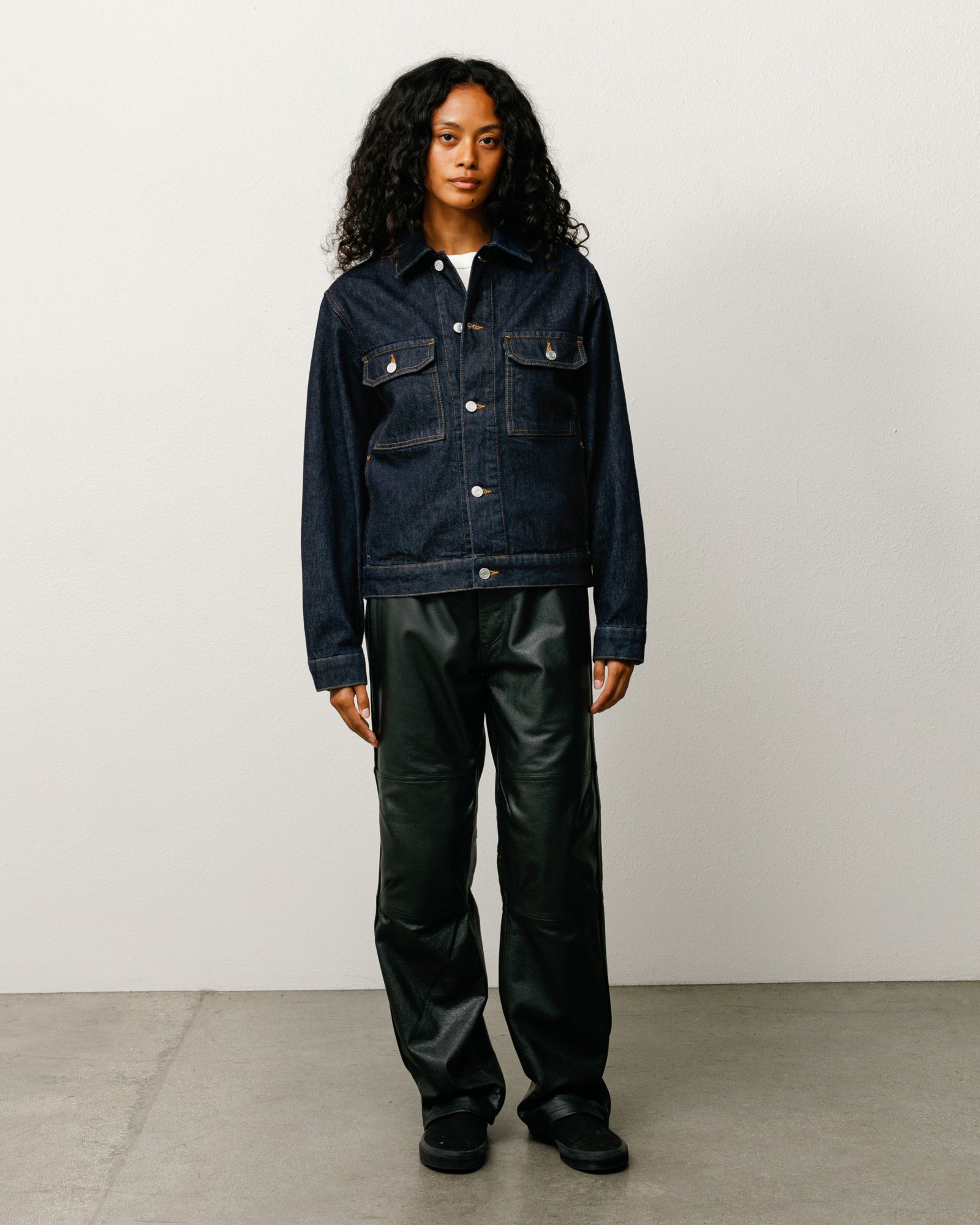 Denim Trucker Jacket in Rinsed Indigo, relaxed boxy fit with button front