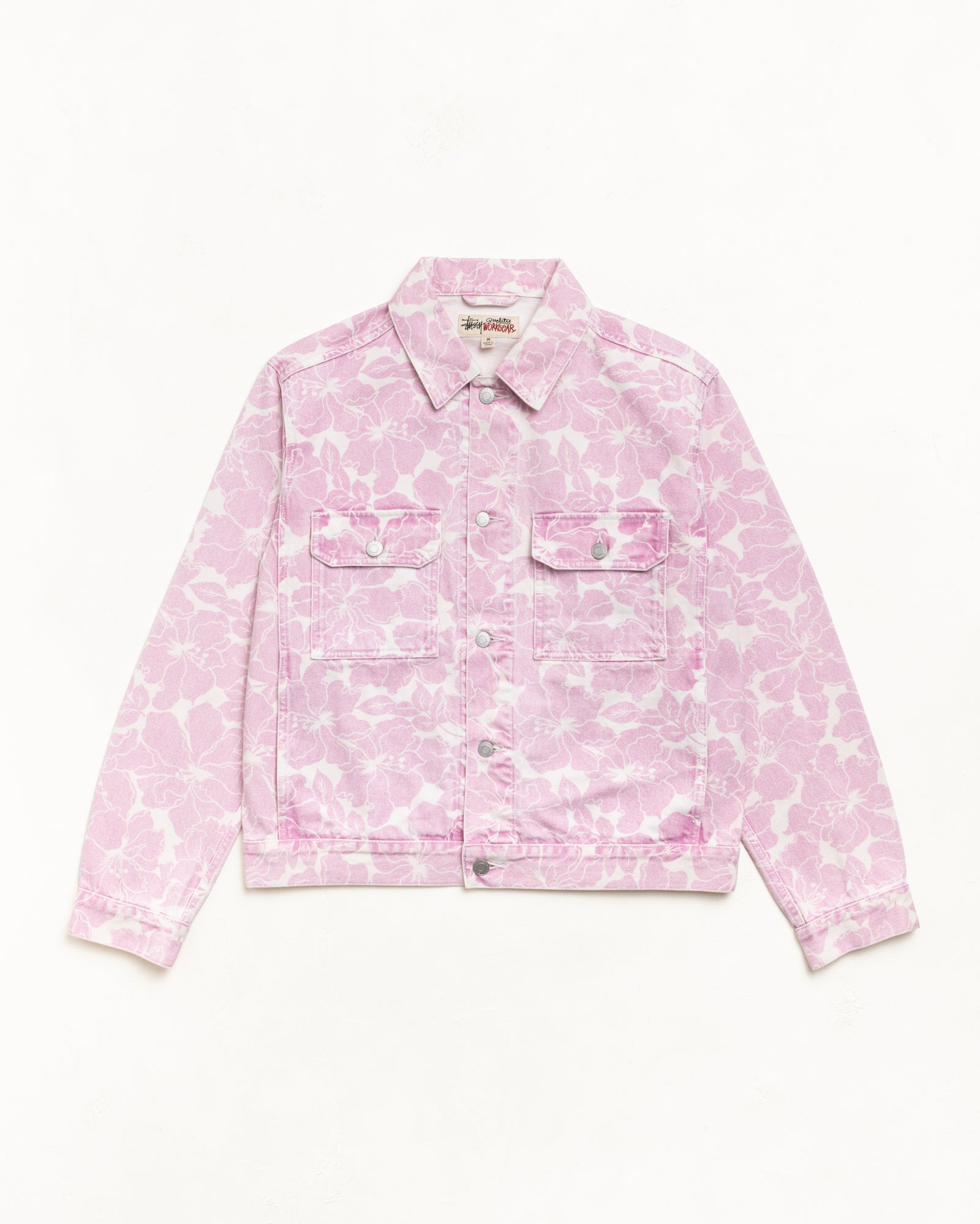Printed Denim Trucker Unisex Long Sleeve In Pink Hawaiian
